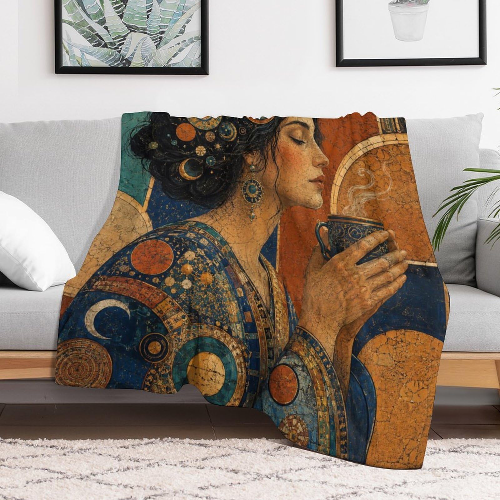 Donna elegante con tazza da tè Coperta Arte del mosaico Coperta TV Calda | coperta divano morbida con Fascino d'epoca, per divano, letto, relax quotidiano, 175x200cm(70x80in)