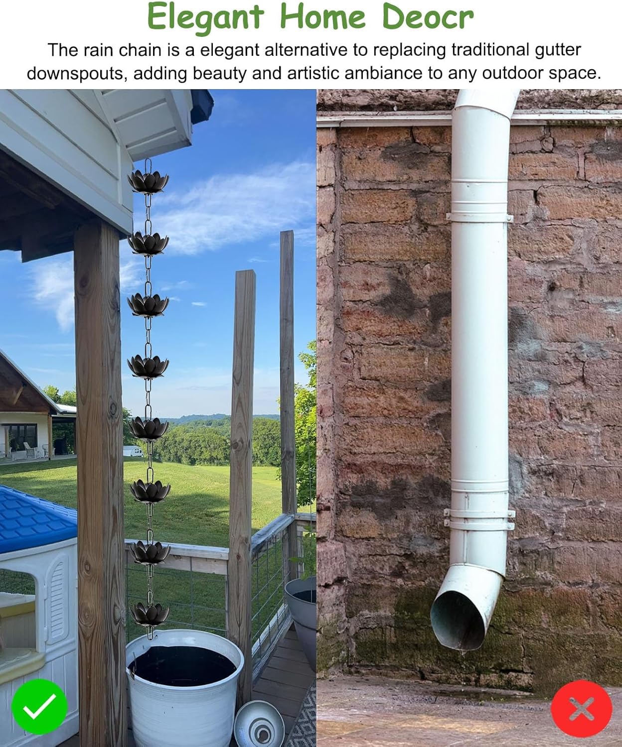 Gutter Rain Chain for Garden Patio Deck, Flower Cups Water Diverter Rain Chain Downspout, White/Black/Copper Colors Rain Chain Chime(Black,7.5m (24.6ft))