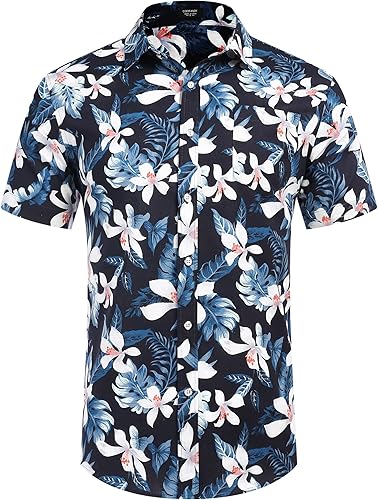 Vista 4 de COOFANDY Camisas hawaianas de manga corta para hombre, estilo casual, con botones, para playa tropical