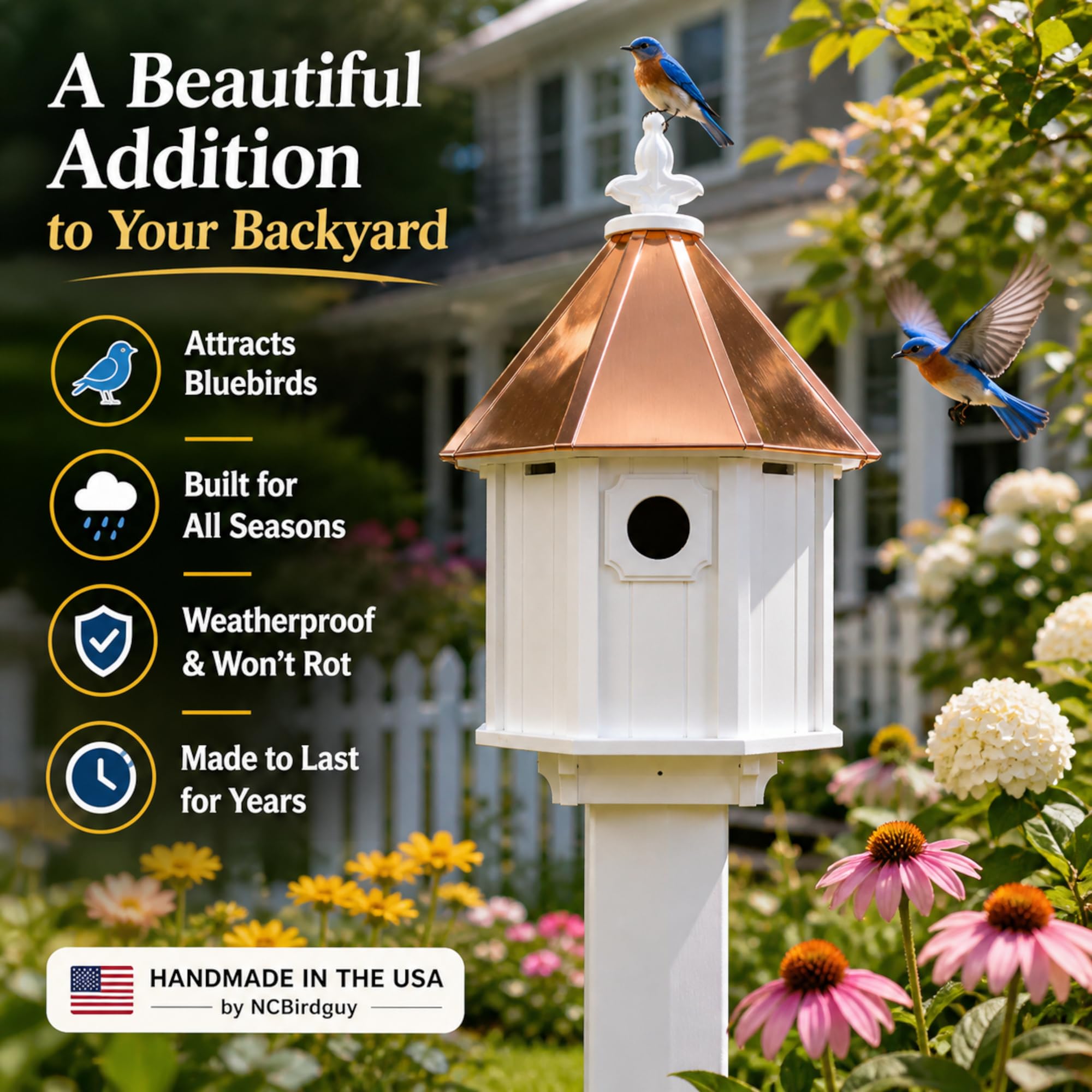 Bluebird Songbird - Casa dúplex para pájaros, techo de cobre, fabricada en los Estados Unidos (montaje de 4 x 4 pulgadas)