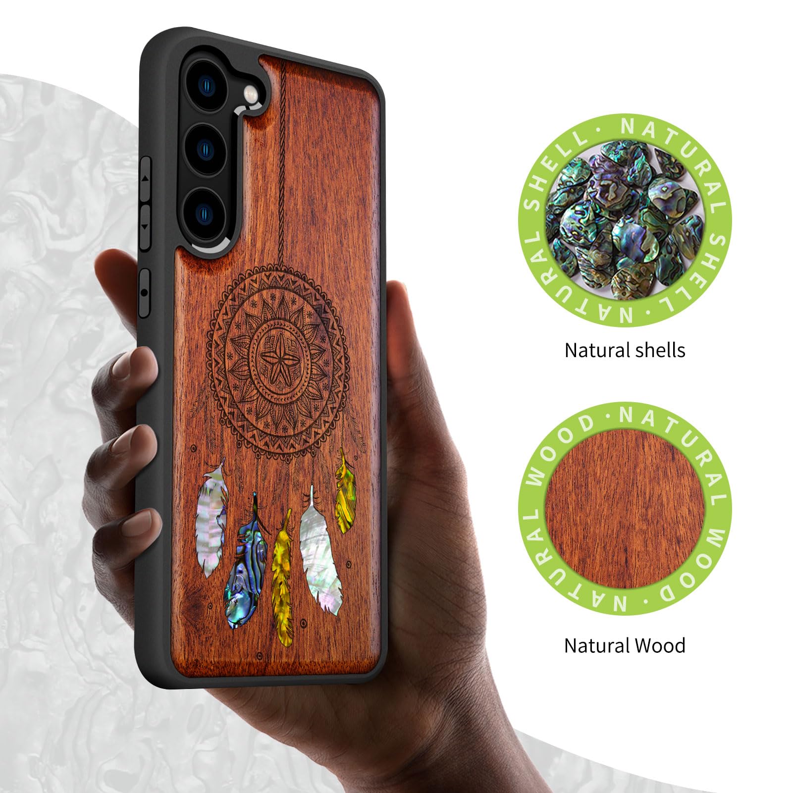 Carveit Coque pour Samsung S23 Étui Bois, (Rosé-Dreamcatcher)