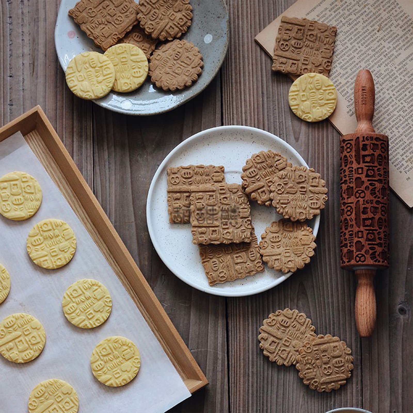 Rodillo de cocina antiadherente con relieve, Rodillo en relieve Rodillo de madera grabado for hornear, for hacer galletas, cortezas, pasteles, arcilla de repostería