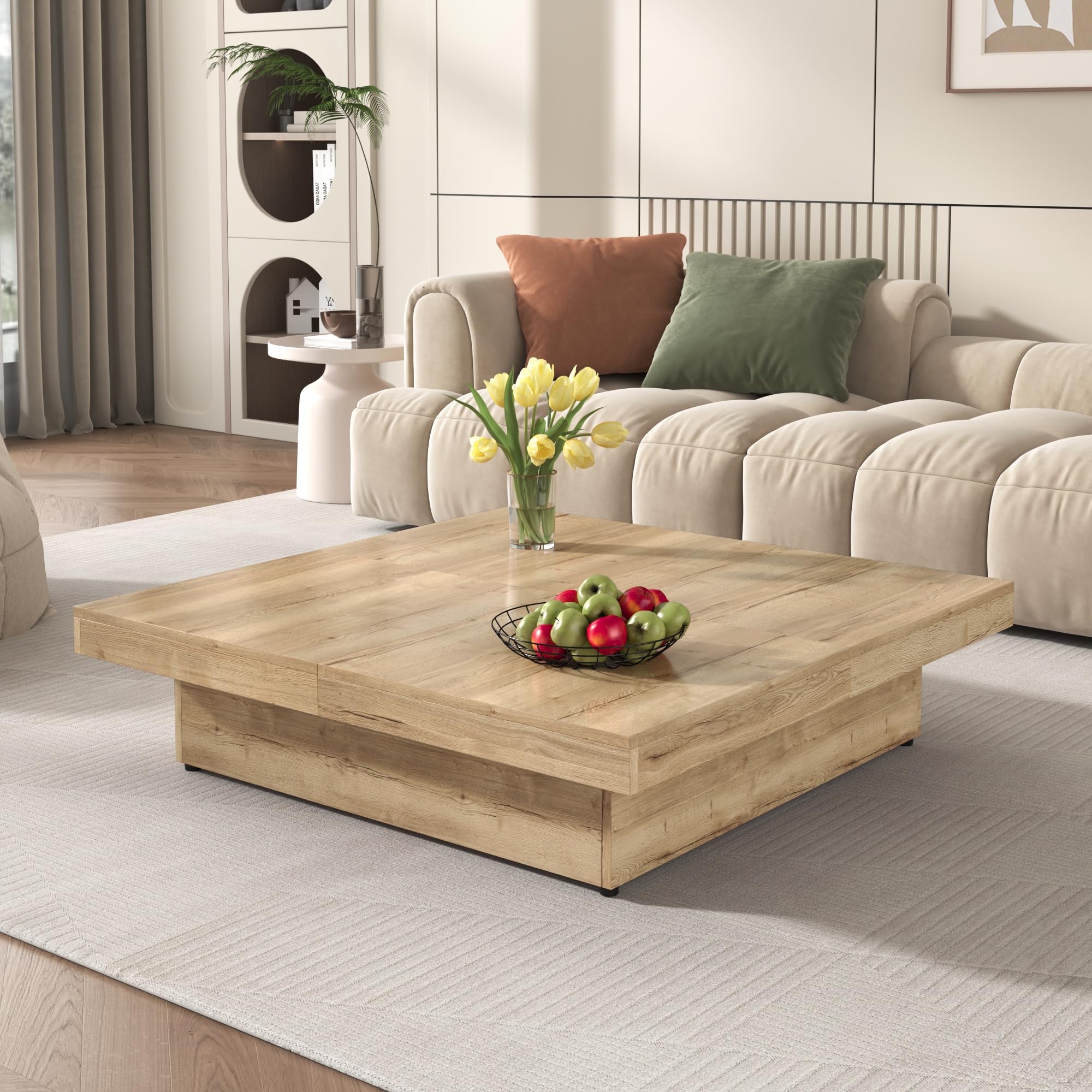 Merax 39.4'' Square Coffee Table, Sliding Top with Ample Storage, Walnut Grain Veneer Finish Hidden Storage Compartment Modern Center Tables for Living Room Apartment, Natural