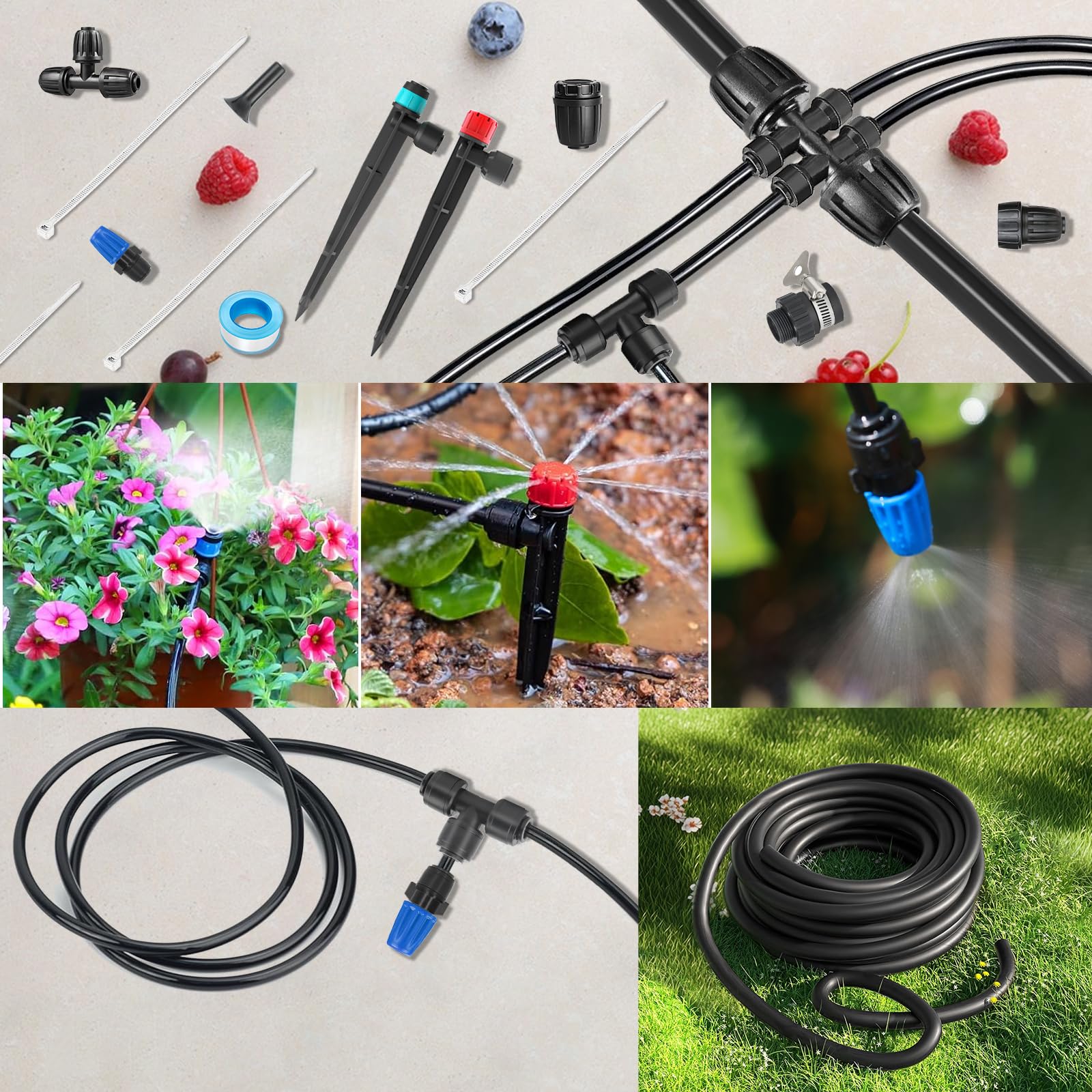 Kit de riego por goteo de 242 pies para jardín, invernadero y césped, tubo mejorado de 1/2 pulgada y 1/4 pulgadas con goteros, rociadores y aspersores ajustables, sistema de riego automático