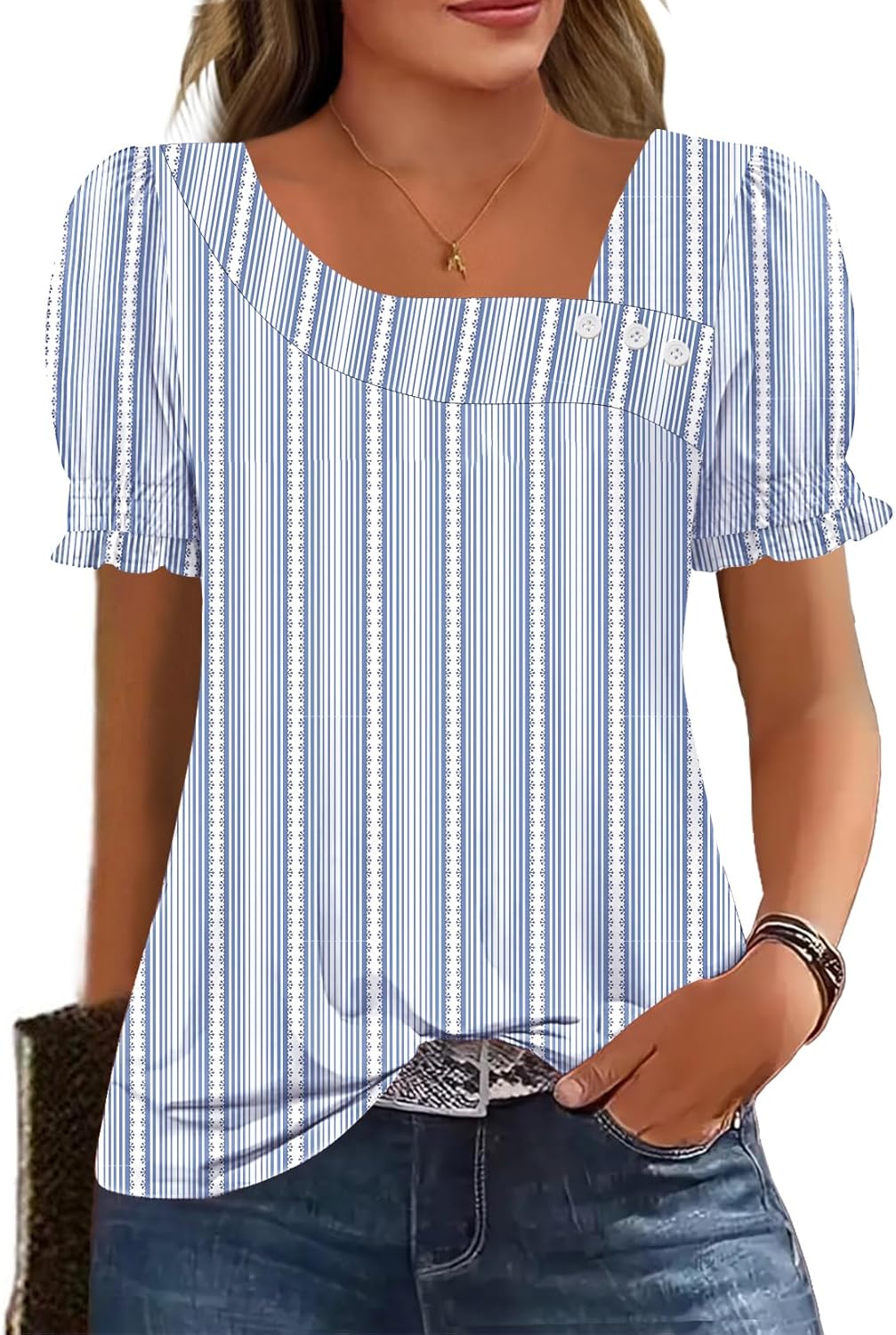 Womens Ruffle Trim Sleeve Summer Tops Square Neck Button Casual Loose T Shirts Blouses 2026 Trendy Clothes