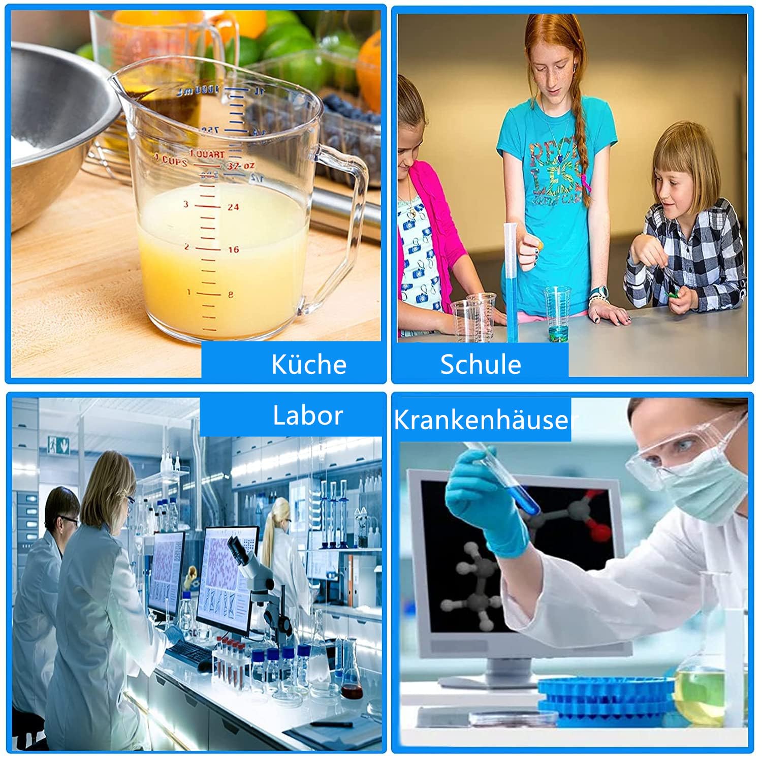 Juego de 4 cilindros medidores de plástico 10/25/50/100 ml para laboratorio y cocina