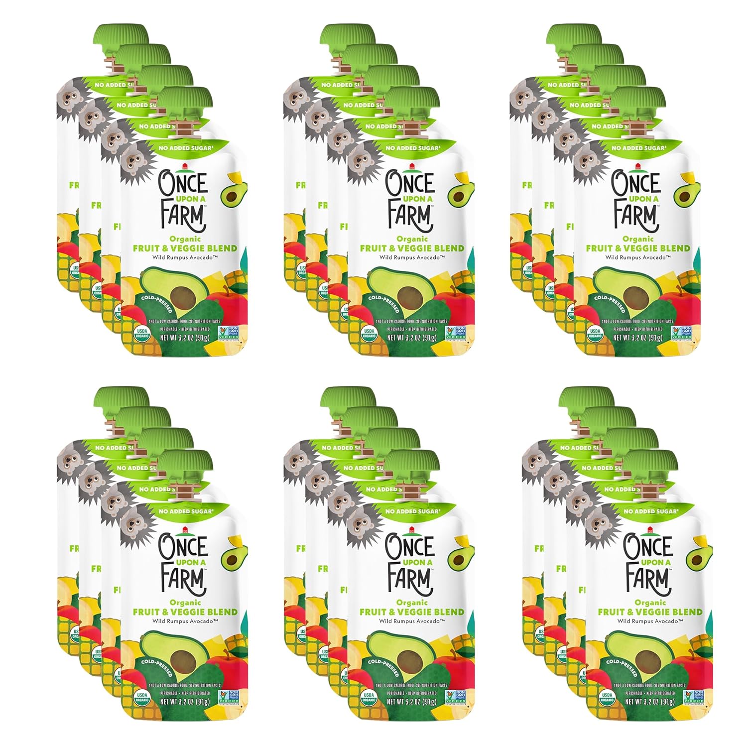 Once Upon a Farm Wild Rumpus Avocado Organic Baby Food Pouches, Refrigerated, No Sugar Added, Cold-Pressure Protected, 24-Pack
