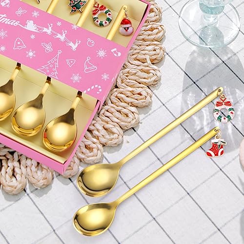Miniatura 3 de Cucharas de café doradas de Navidad, 6 piezas de cubiertos pequeños de acero inoxidable, colgantes decorativos de Navidad, lindos agitadores para