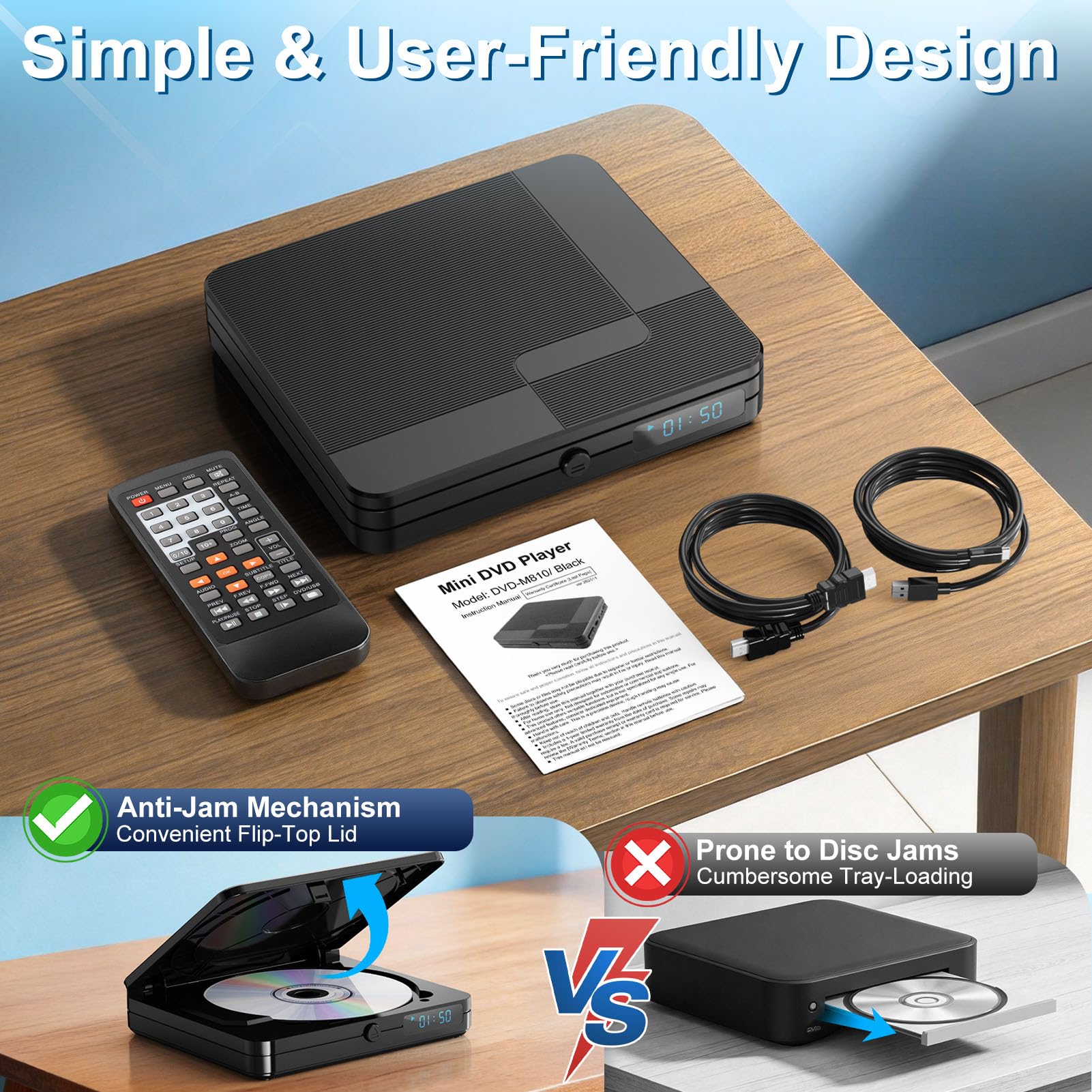 Mini Reproductor de DVD con Control Remoto, Reproductor de CD y DVD Compacto 1080P HD para Smart TV y proyector, Cuenta con Salida HDMI, Conector para Auriculares, Entrada USB 2.0, Soporte PAL