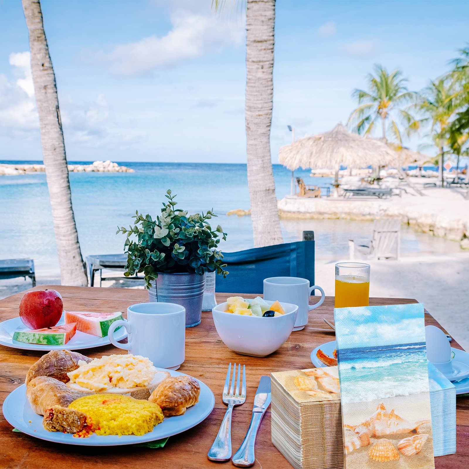 Crtiin 200 Pieces Nautical Beach Guest Napkins Bathroom Disposable Summer Tropical Ocean Coastal Towels Seashell Sea Beverage Paper Hand Napkins Decorative for Wedding Bridal Baby Shower Party