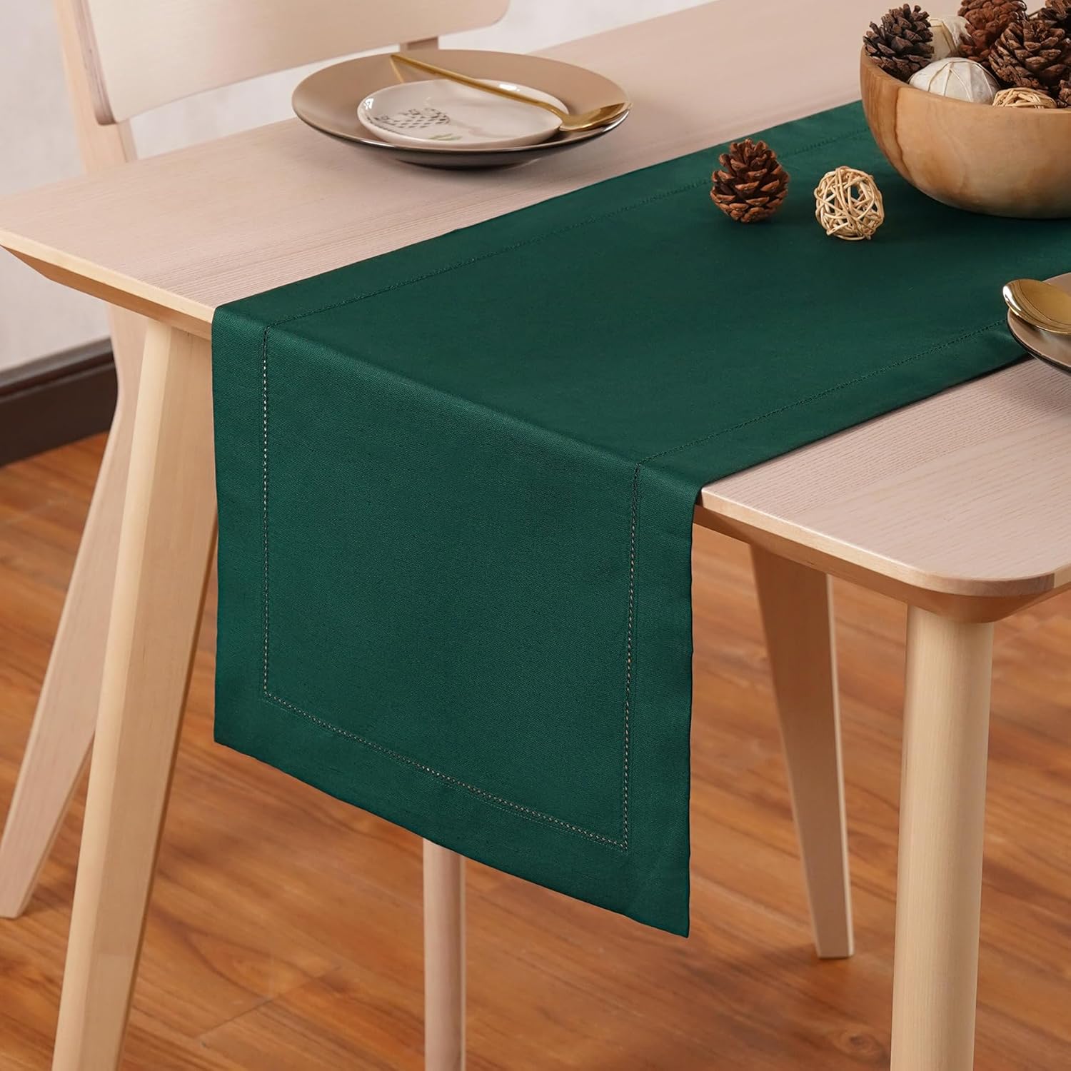 Home Ekaa Green Cotton Linen Table Runner 14 x 36 Inches – Washable Hemstitch Coffee Table Runner 14 x 36 Inch Ideal for Dining, St Patricks Day, Gifting, Holiday & Everyday Decor – Serena