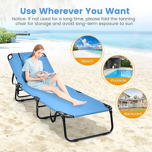 Miniatura 8 de Goplus Chaise lounge de playa, silla de bronceado ajustable con agujero para la cara y almohada extraíble, 5 posiciones ajustables, sillón