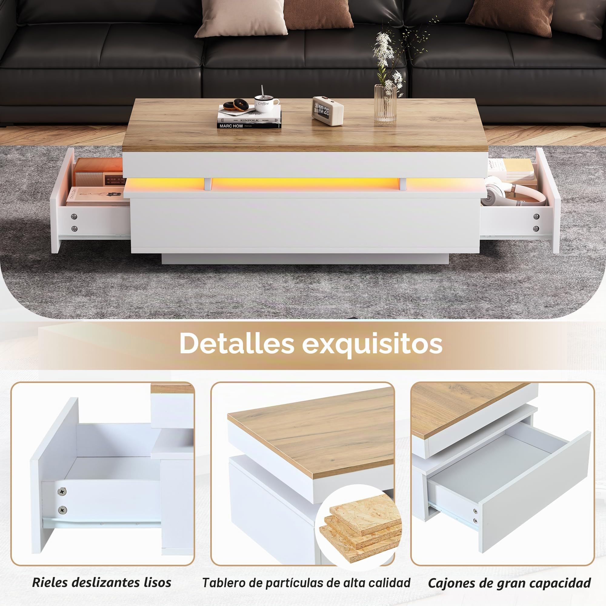 SACOOL 100 x 50 x 35 cm Mesa de centro con 2 cajones, mesa auxiliar LED de alto brillo, mesa de té, mesa de sofá, mesa de salón, mesa de café, color blanco + tono de madera, blanco, madera