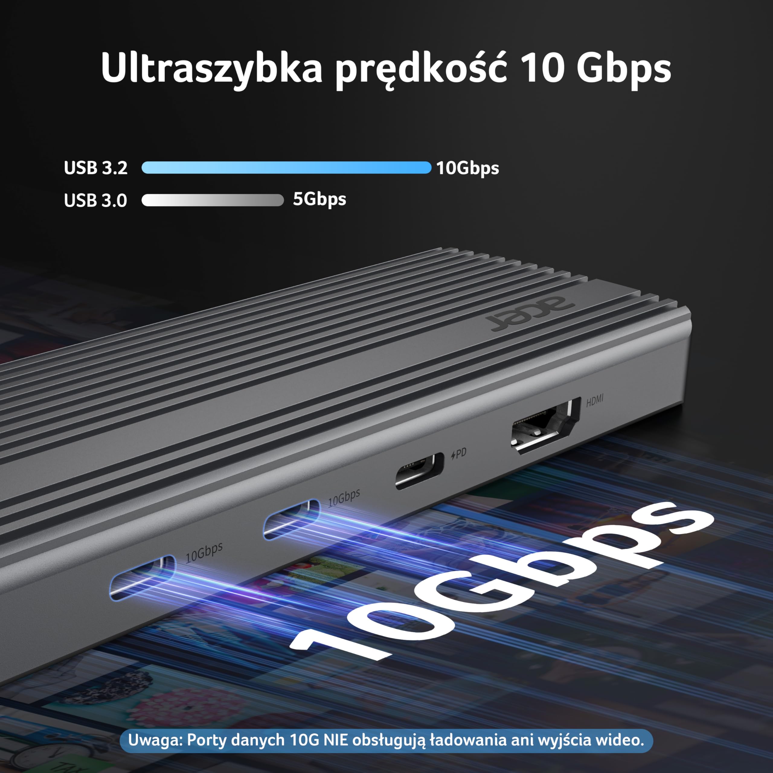 Acer Stacja dokująca USB C 11 w 1 z HDMI 4K@60Hz, 2x10Gbps, Ethernet 1Gbps | HUB USB C z 2×USB C 3.2 i 2×5Gbps USB-A, PD 100W, VGA 1080P, Adapter SD/TF Multiport do Komputera PC i Laptopa (20cm)