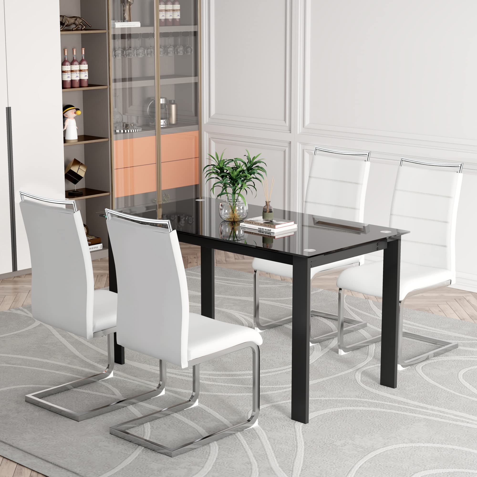 Modern Glass Dining Table Set for 4, 51 inch Rectangle Opaque Tempered Glass Table Top with Black Coated Frame and PU Leather Side Chairs with Horizontal Stripes Backrest Design for Kitchen, White