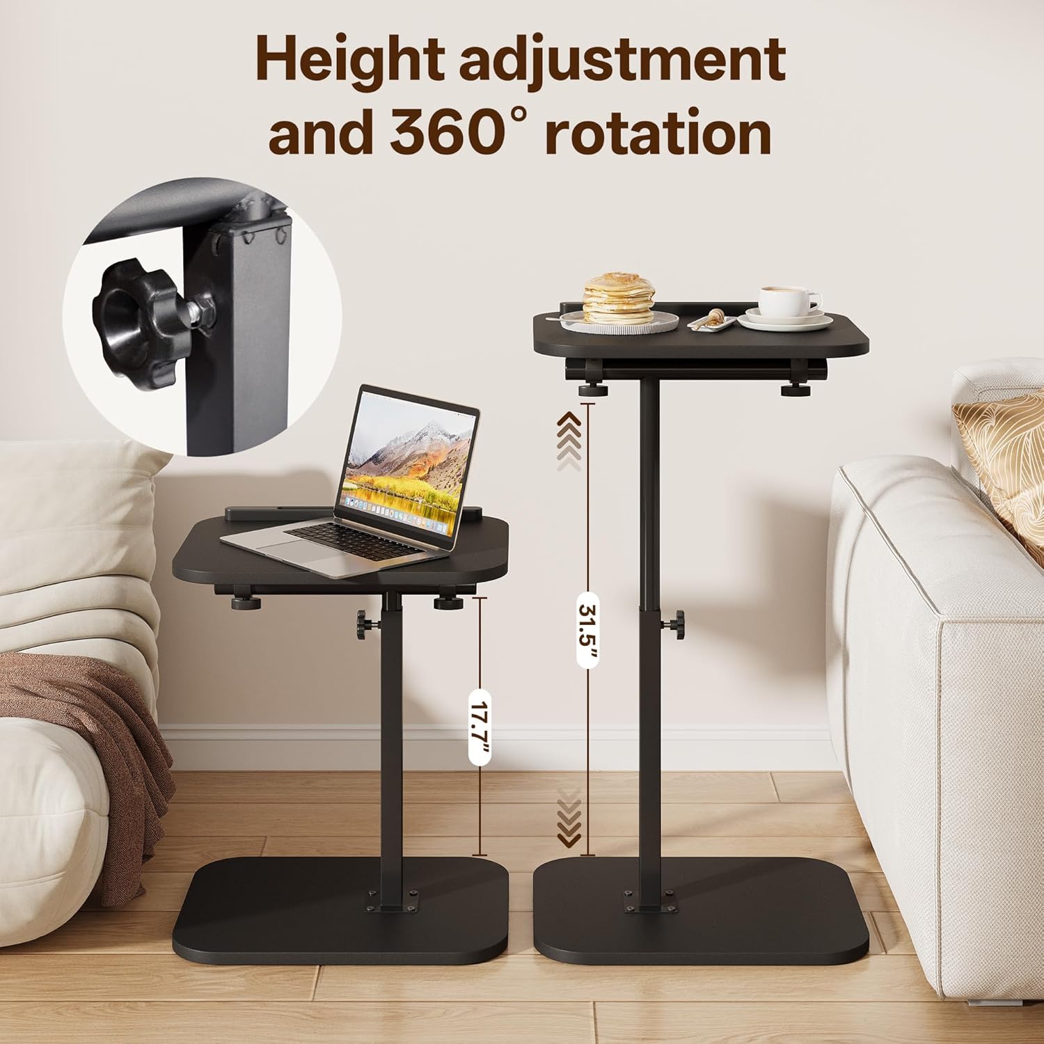 TV Tray Table, Adjustable Height, Flip-Top, Snack Side Table with 360° Swivel and 180° Tilt, C Shaped End Table for Couch, Sofa, Bed, Recliner, Black