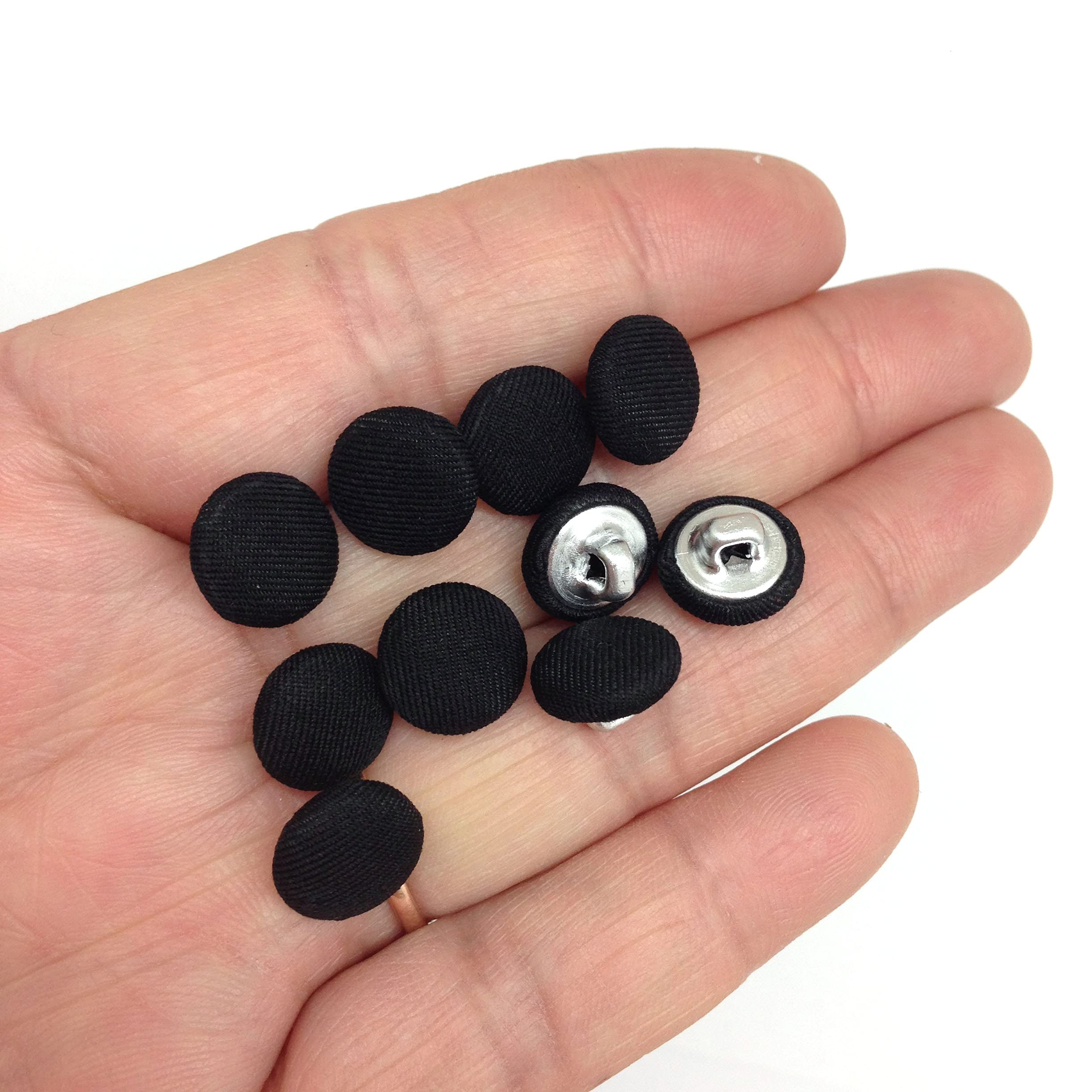 PEPPERLONELY 10PC 10mm Fabric Cloth Covered with Metal Shank Round Buttons, Black