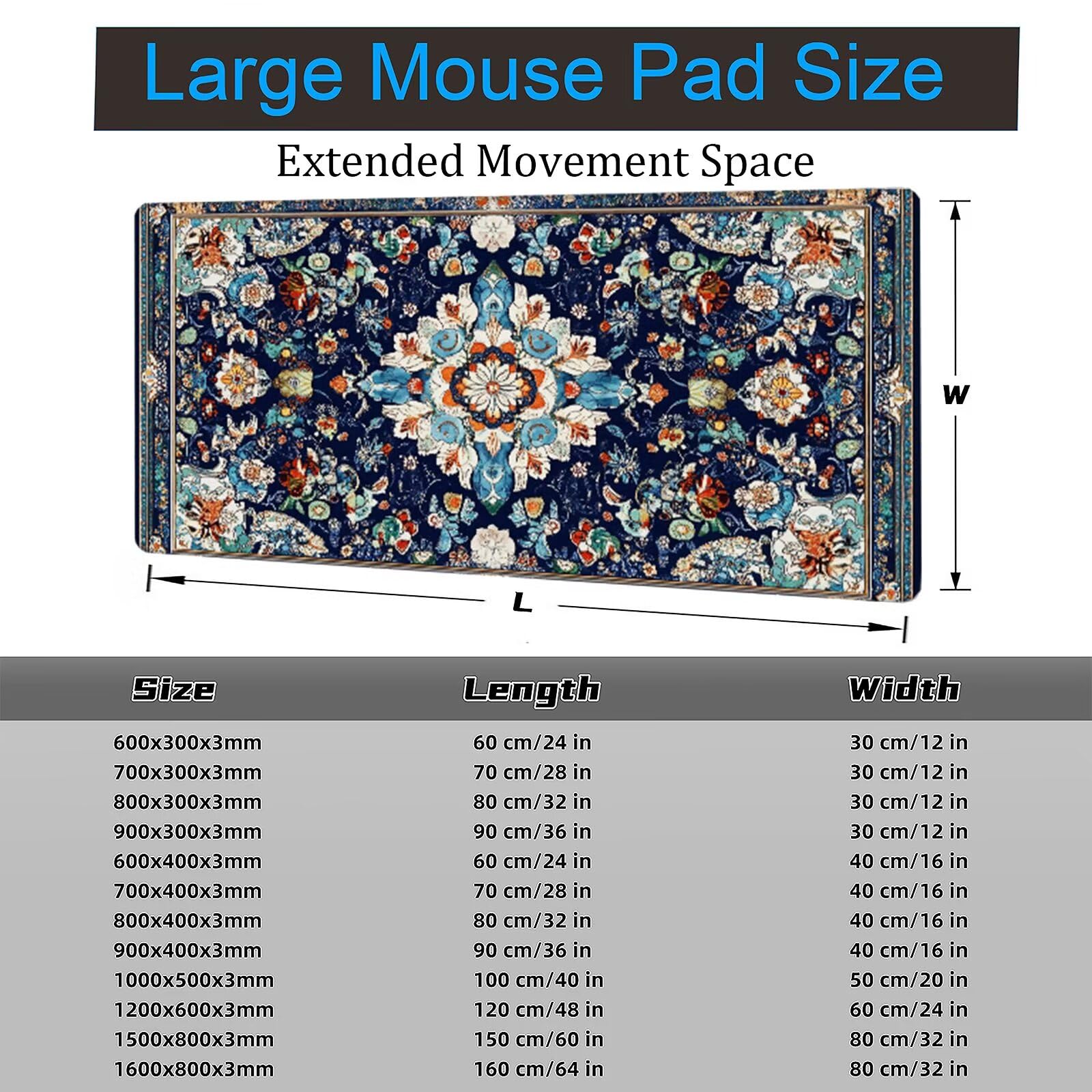 Podkładka pod mysz do gier Bohemia podkładka pod mysz XXL 1500 x 800 x 3 mm, podkładka pod mysz retro do klawiatury i biura, z przeszytymi krawędziami i antypoślizgowym tyłem pod biurko, do akcesoriów