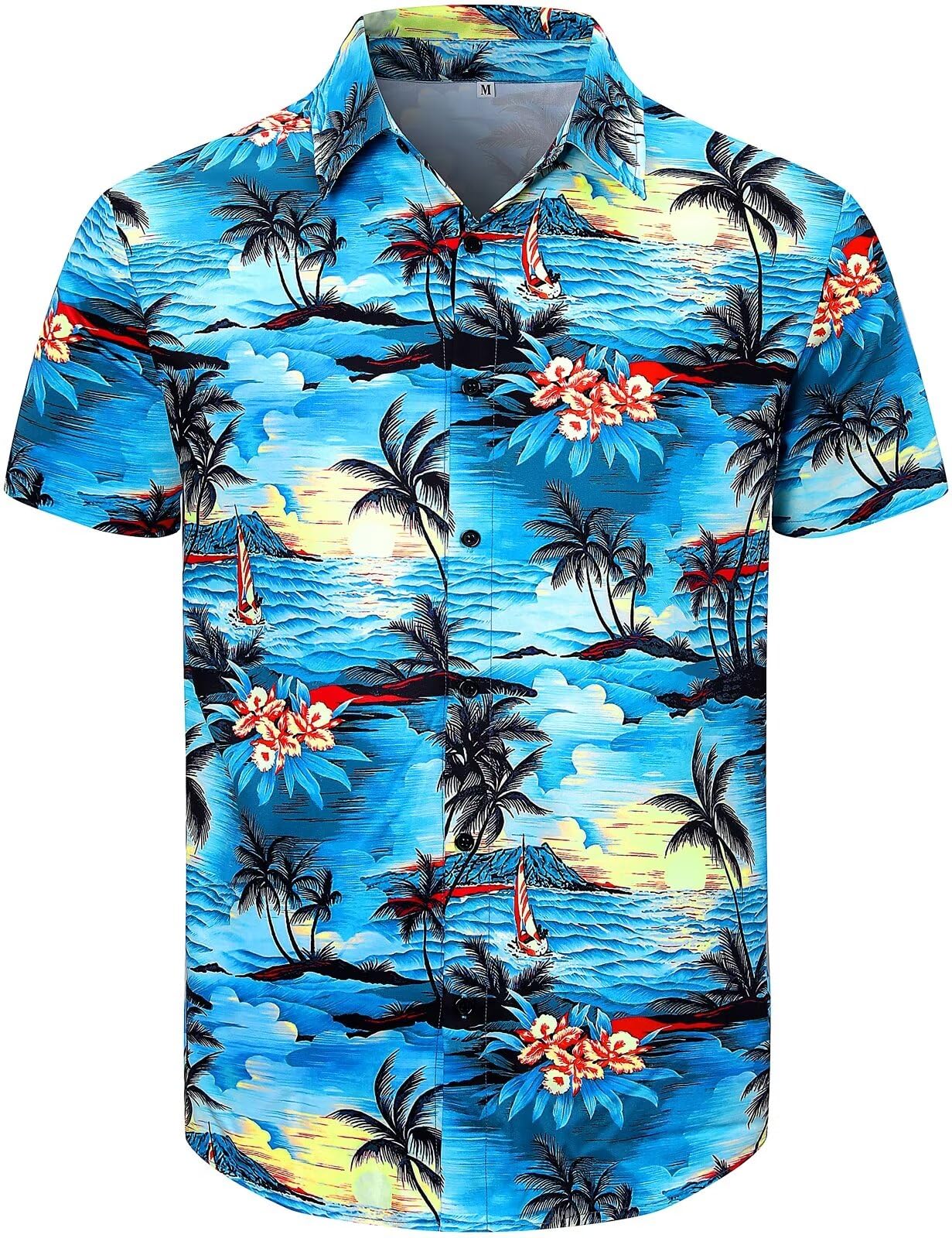 Fashonal Men's Hawaiian Shirt Button Down Tropical Beach Short Sleeve Aloha Shirt, Blue, XL