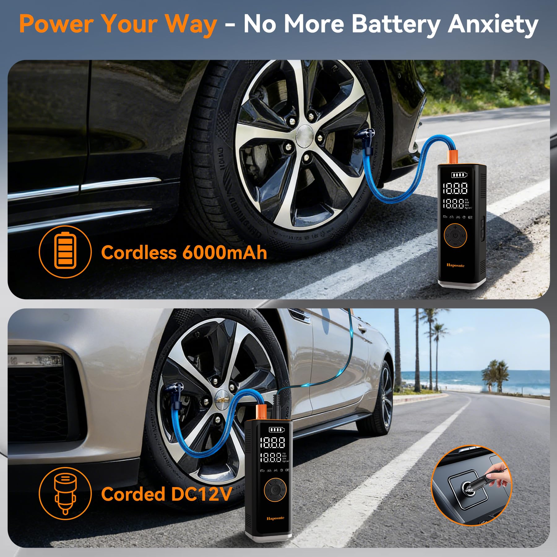 Tyre Inflator Portable Air Compressor 12V DC, 150PSI Corded/Cordless 6000mAh Long-Lasting Battery Electric Air Pump with Digital Display & Dual LED Light for Car, Motorcycle, Bike, Ball & DIY — view 3
