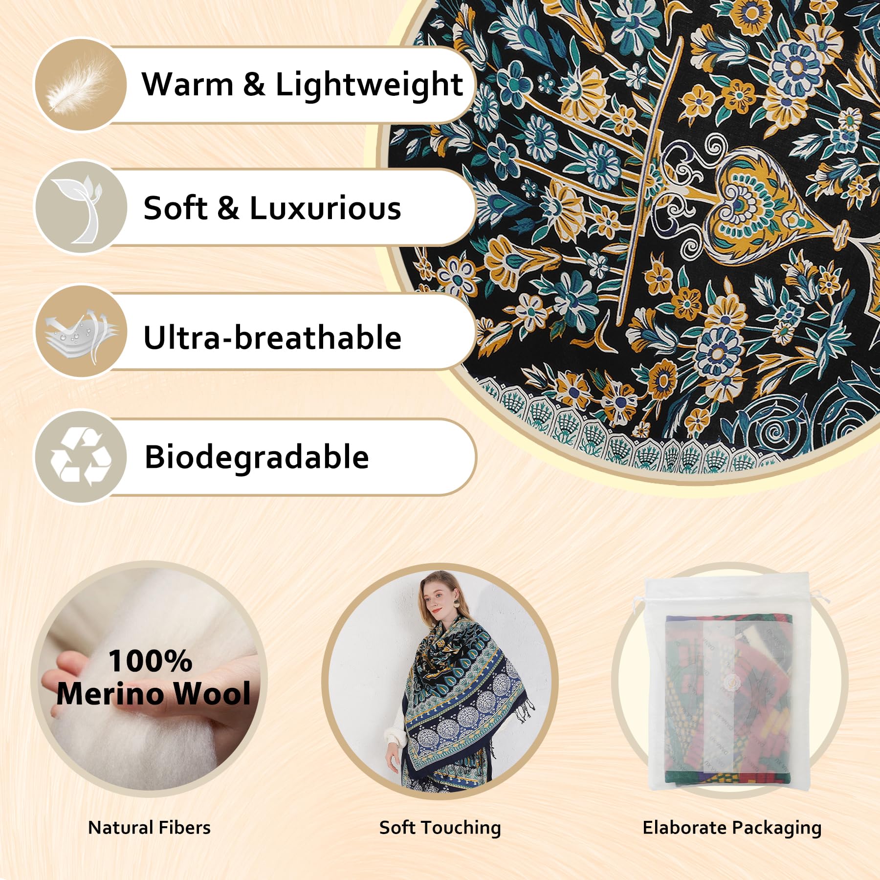 DANA XU 100% lana merino extra large pashmina scialle per le donne | 243,8 x 109,2 cm oversize in cashmere con nappe fatte a mano, mantello leggero da viaggio floreale per abito da sera