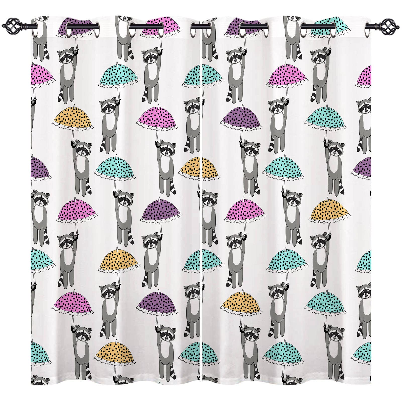 ANHOPE Raccoon Curtains Eyelet 80% Blackout Room Darkening Curtains Raccoon Colorful Umbrella Print Pattern Thermal Light Blocking Window Drapes for Kids Bedroom Living Room 66 x 54 Inch Drop 2 Panels — image 1