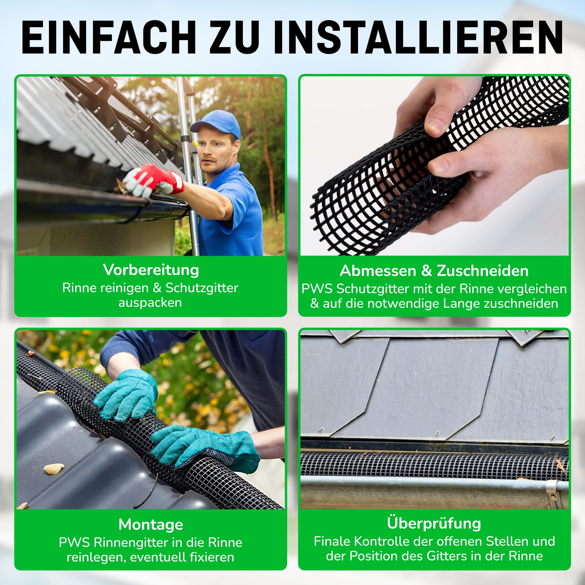 PWS 10x 2m Dachrinnenschutz Ø100-125 mm | Laubschutzgitter für Regenrinne | Dachrinnengitter Laubfang, UV-beständig, einfache Montage Schwarz | Laubstop laubfreie Dachrinne