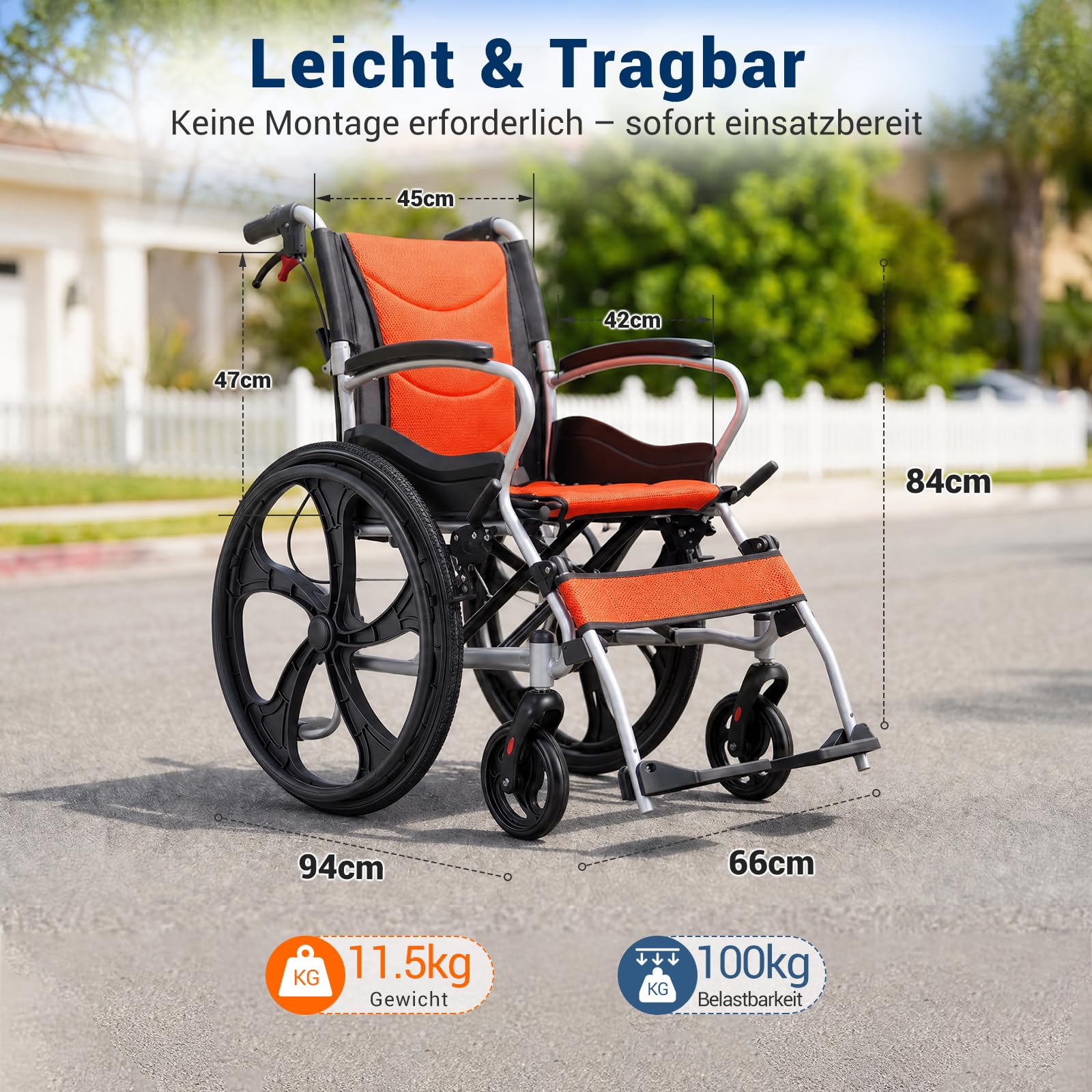 Care-parents Silla de ruedas plegable de aluminio ligera (11 kg) – Silla de viaje autopropulsada con 45 cm de ancho – Silla de ruedas compacta con freno de mano y neumáticos a prueba de pinchazos