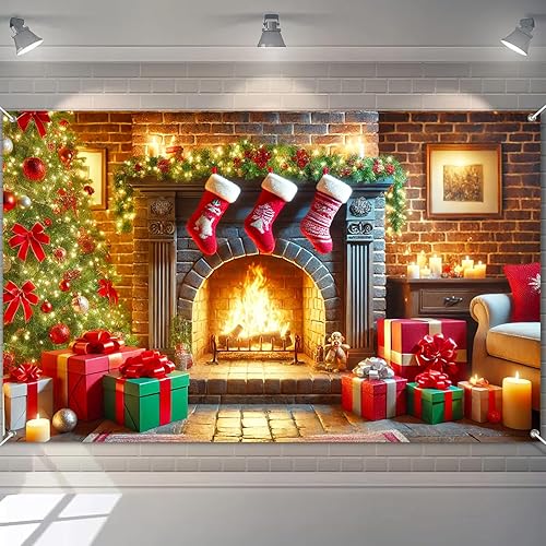 Cartel de Navidad para decoración de chimenea, árbol de vacaciones, luces de calcetín para regalo, telón de fondo de pared cálido para decoración de