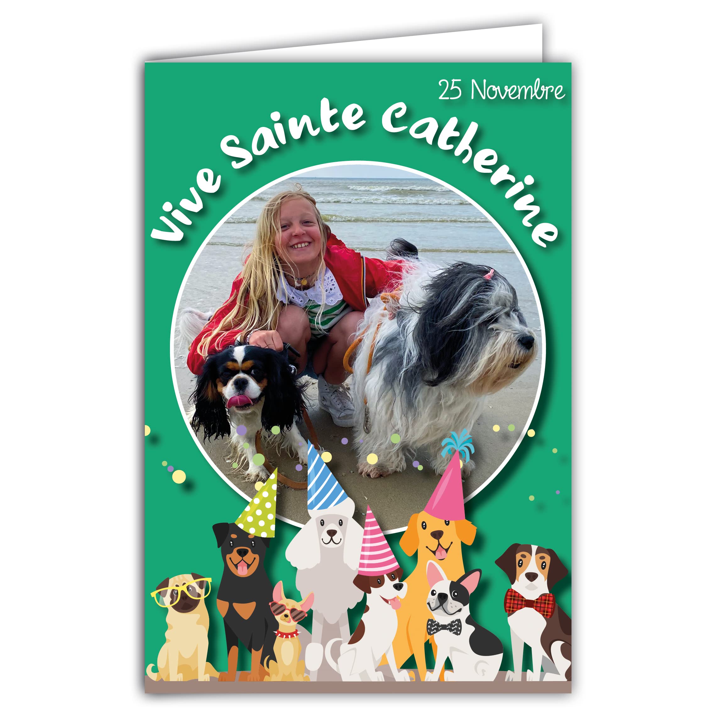 Afie 68-1307 Card with Envelope Vive Saint Catherine Hats 25 November Happy Feast for Little Girl Who Love Dogs Walking Sand Sea Green Collectible Trading Card Recreation