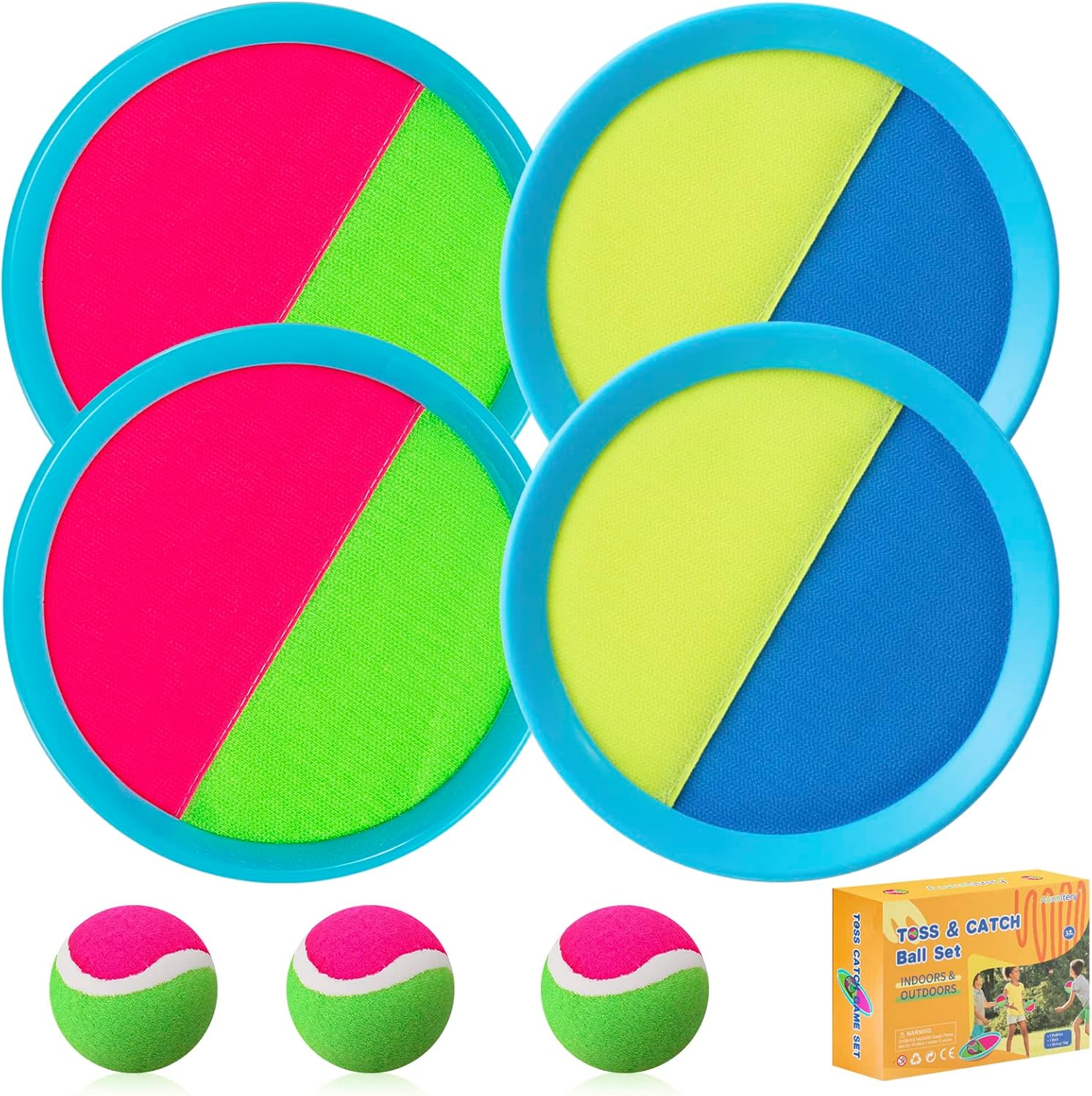 Kids Toys - Outdoor Games, Beach Toys, Toss and Ball Set with 4 Paddles and 3 Balls, Perfect Beach Games Sets Playground Sets for Backyards Easter Gifts for Kids/Adults/Family (Blue+Light Yellow)