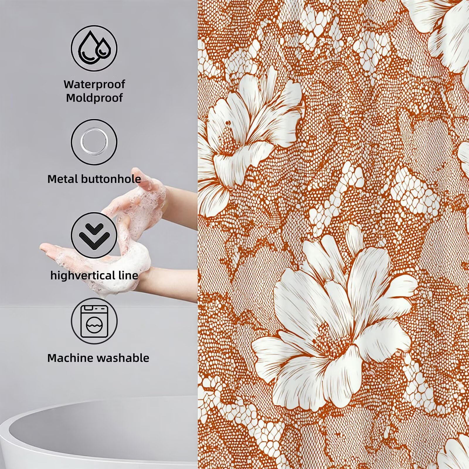 nórdico Cortina de Ducha 180x200, Tela Poliéster Impermeable con 12 Ganchos, Secado Rápido Cortinas de Baño Lavables, Shower Curtain Resistente a Humedad Decoracion Hogar Flores Cortina Ducha,Model999