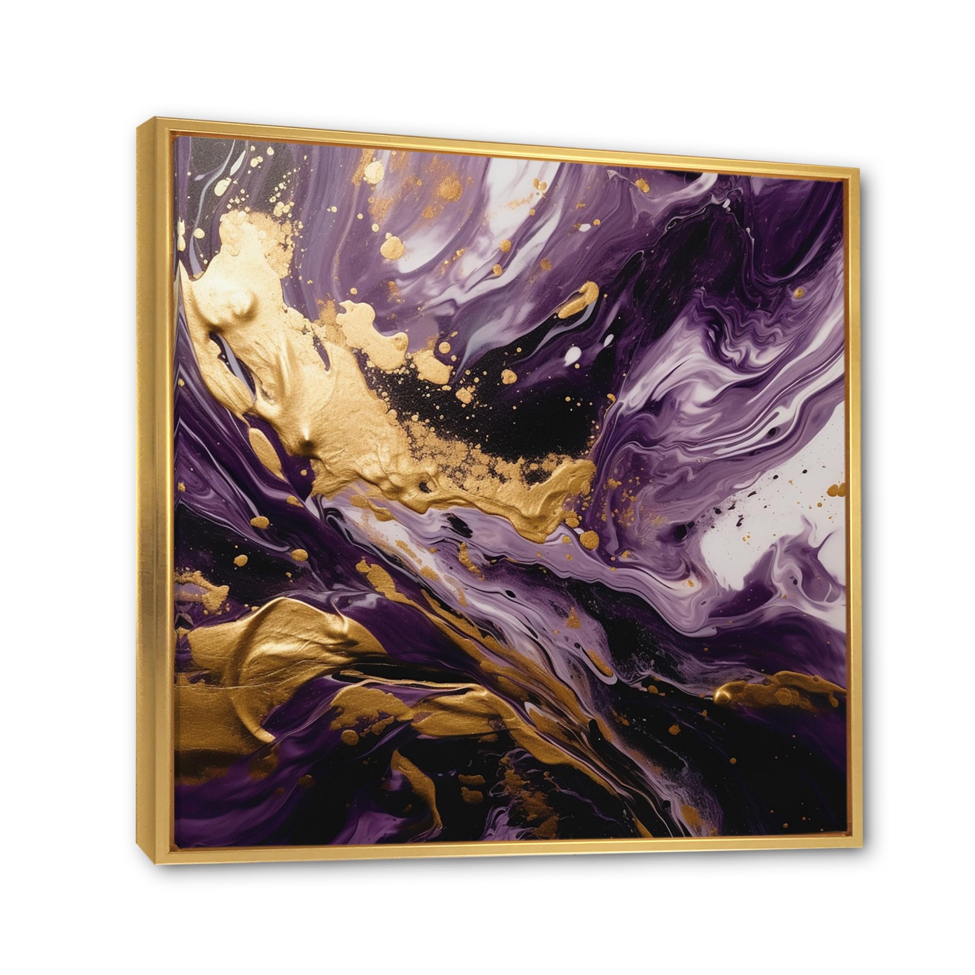 DesignQ Abstract framed wall art Print, Liquid Magic in Purple and Gold I, Abstract Large framed wall art decor, Purple Modern & Contemporary Canvas Golden framed wall art, 30x30 inches
