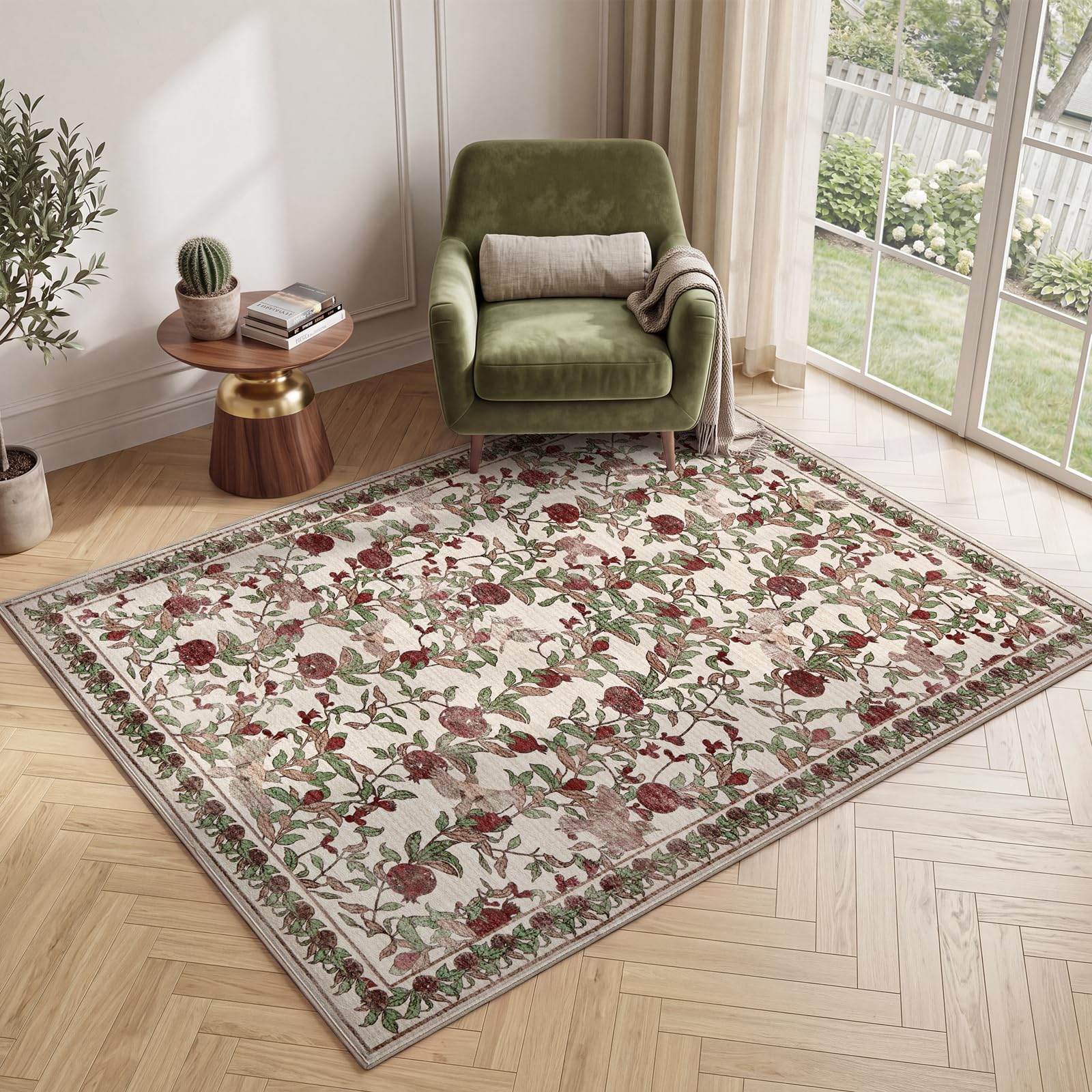 TOPICK Rug for Bedroom 120x170 cm, Beige Red Vintage Floral Washable Carpet