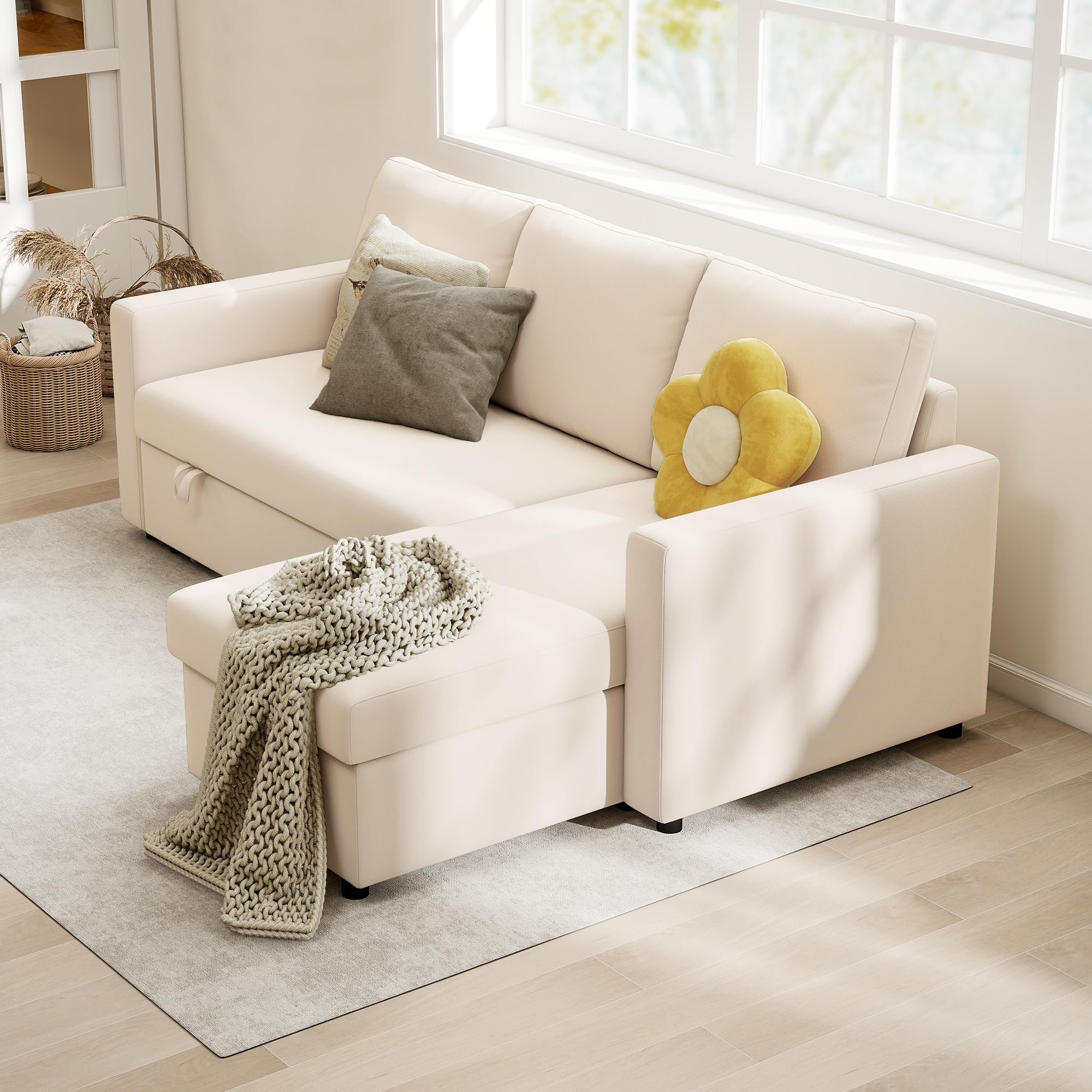 HOMCOM Divano ad angolo Convertibile divano letto 3 posti modulabile con chaise longue reversibile, contenitore integrato e 3 cuscini per lo schienale, tessuto effetto lino, color crema
