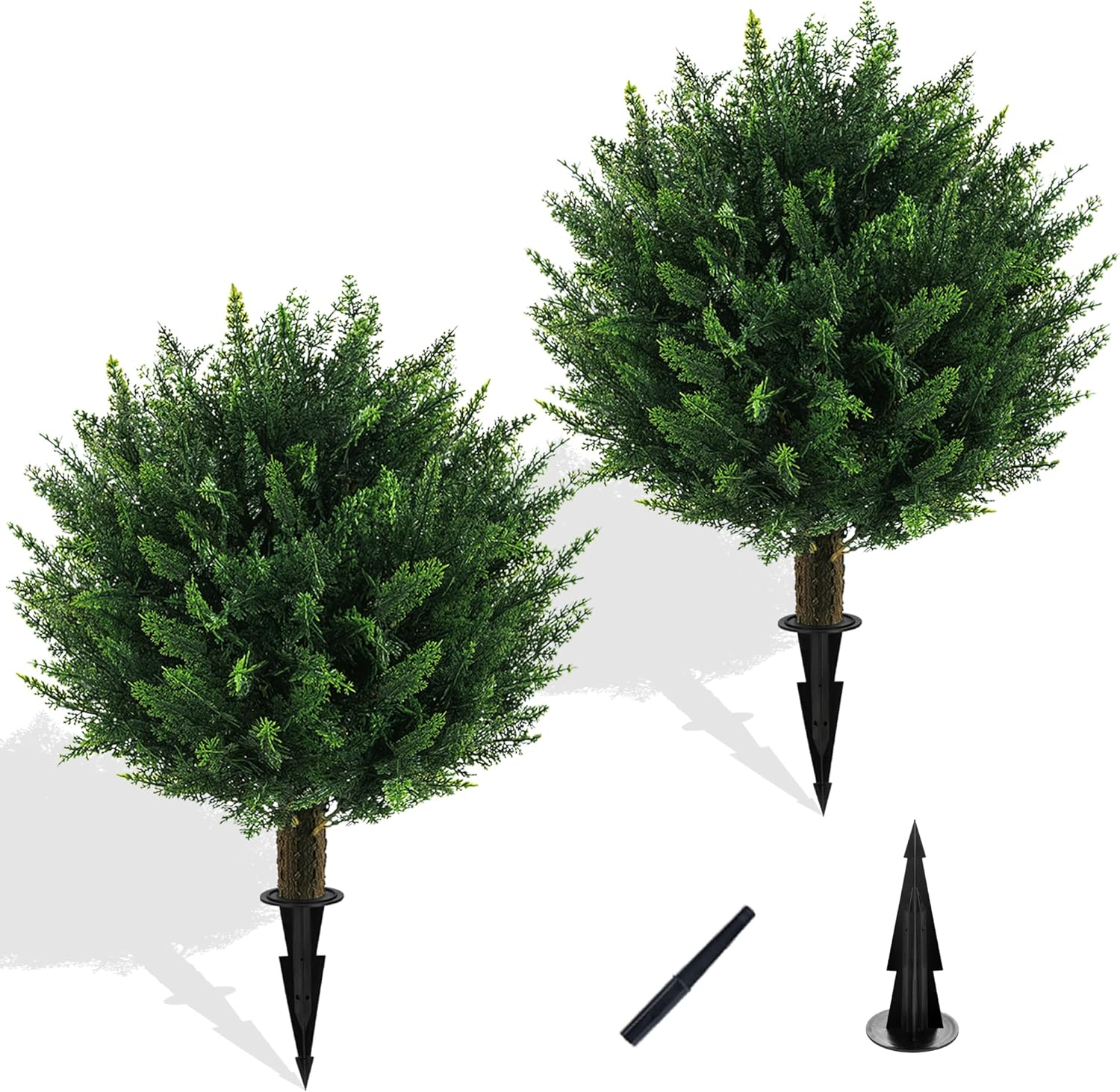 Artificial Cedar Topiary Ball Tree with Ground Spike, Set of 2 UV Resistant Artificial Bushes for Outdoors Faux Shrubs, Weatherproof Fake Round Cypress Ball Bushes Plant for Front Porch Cedar- 2pack