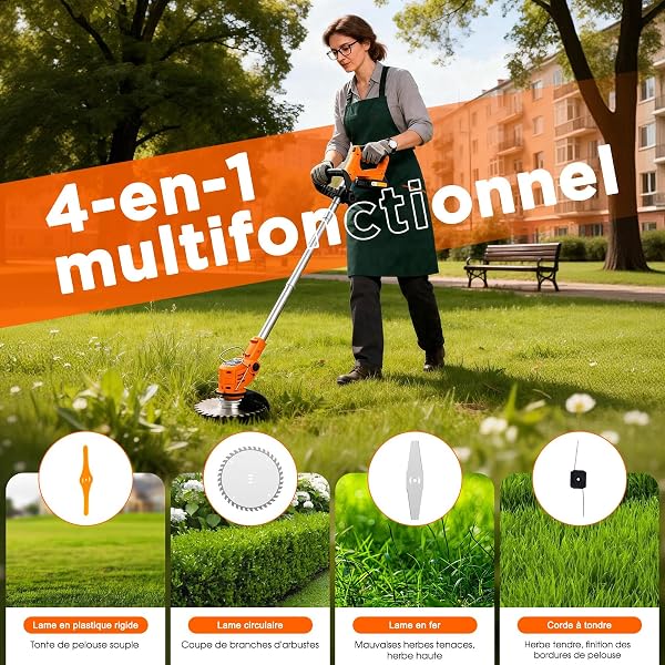 OUTIGO Cordless Electric Brushcutter, Battery Trimmer, Comes with 2 x 21V Batteries and Charger, Cordless Edge Cutter with Battery with 4 Types of Blades, Use a Lawn Domes - 5