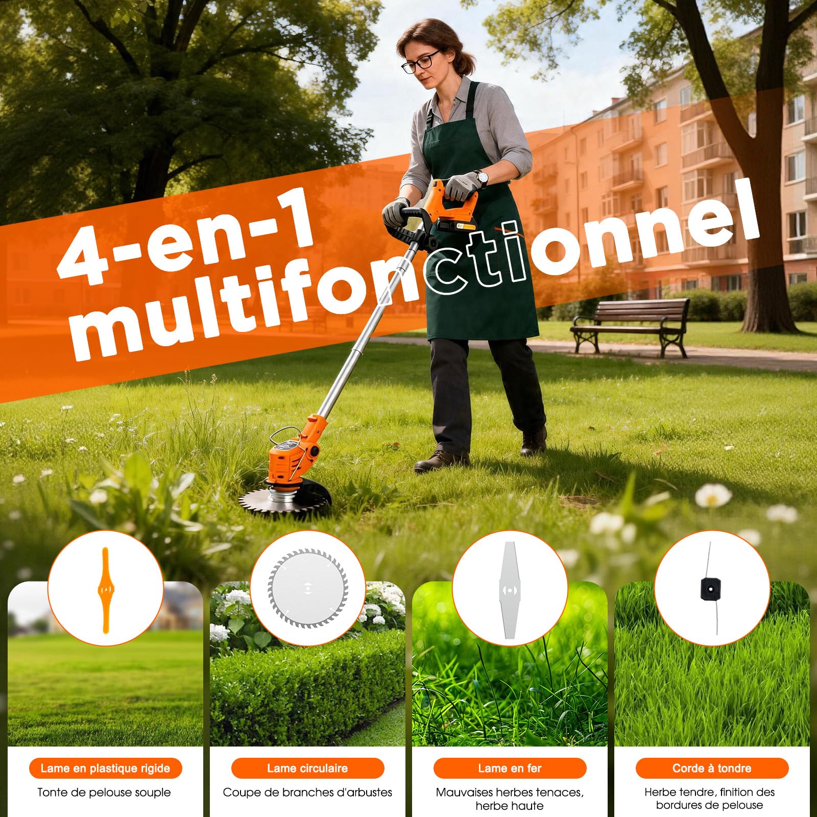 OUTIGO Cordless Electric Brushcutter, Battery Trimmer, Comes with 2 x 21V Batteries and Charger, Cordless Edge Cutter with Battery with 4 Types of Blades, Use a Lawn Domes - 5