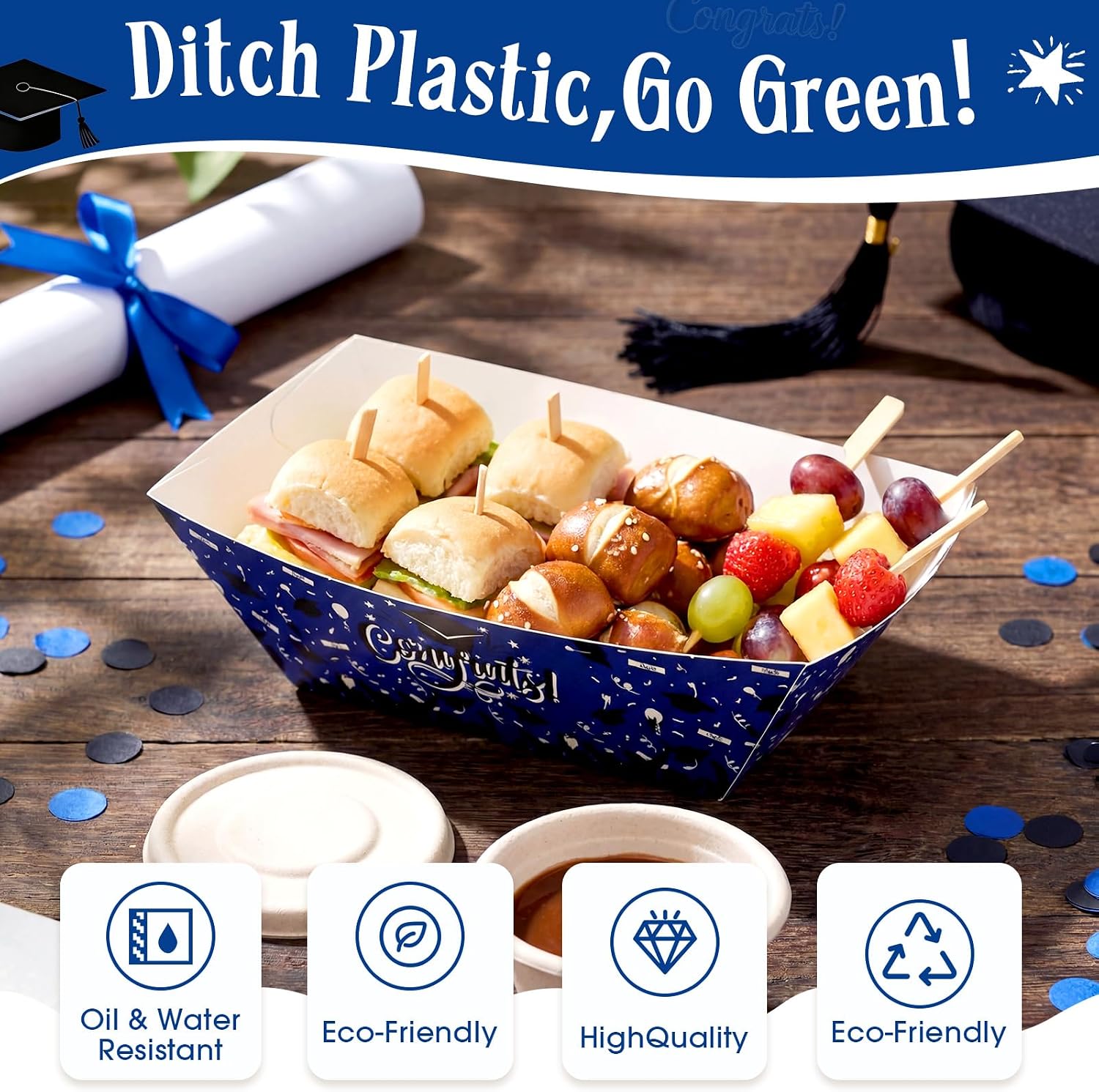 Vesici 100 Pcs 2lb Graduation Paper Food Tray Disposable Food Boats with 50 Pcs 2oz Sauce Cups with Lids Paper Boat Tray Set for Serving Snacks Dessert Hot Dogs Graduation Party Favor Decorations