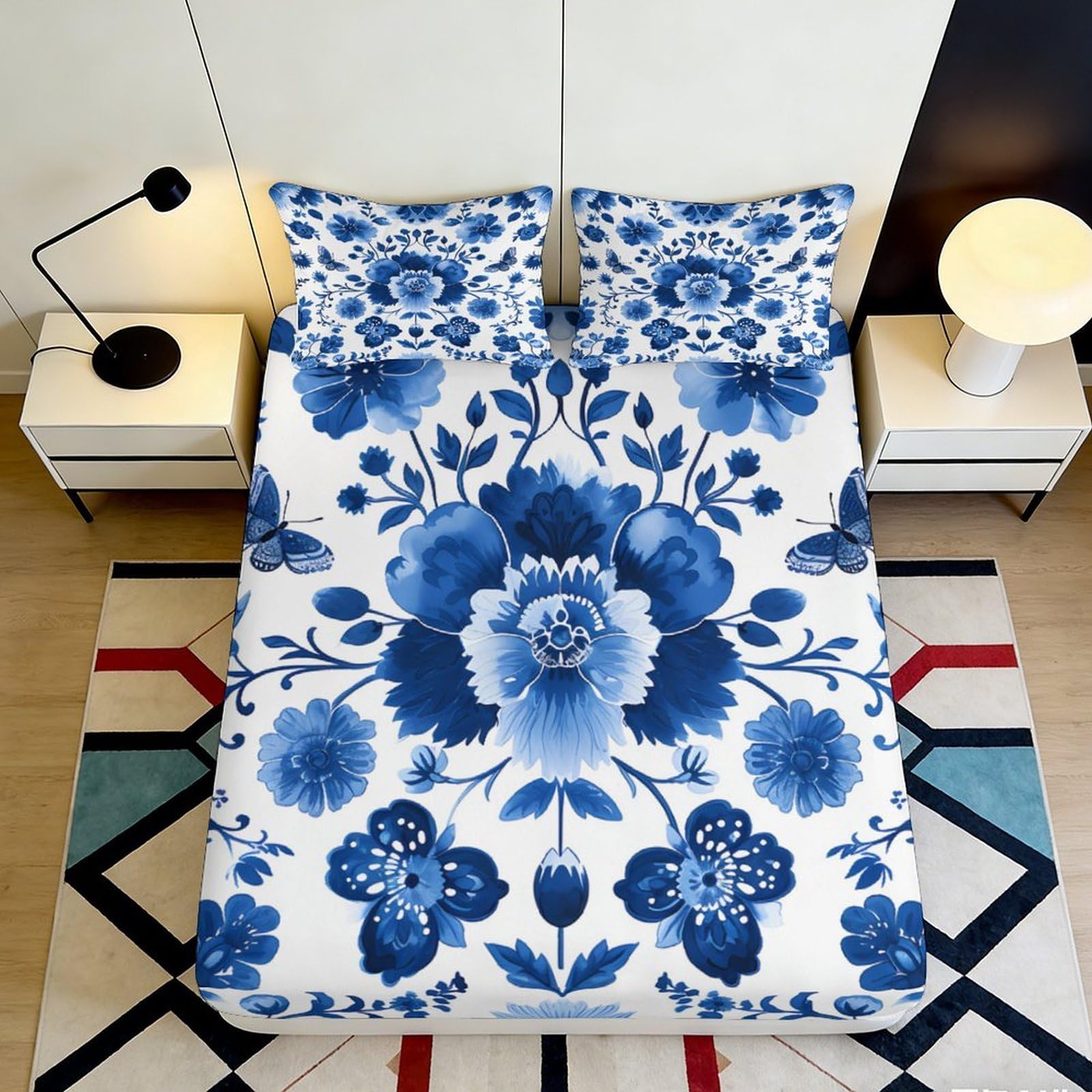 3D Printed Blue Floral Fitted Sheet Microfiber Soft Breathable Butterfly Mattress Cover for Bedroom Guest Room Decor 180x200x25cm