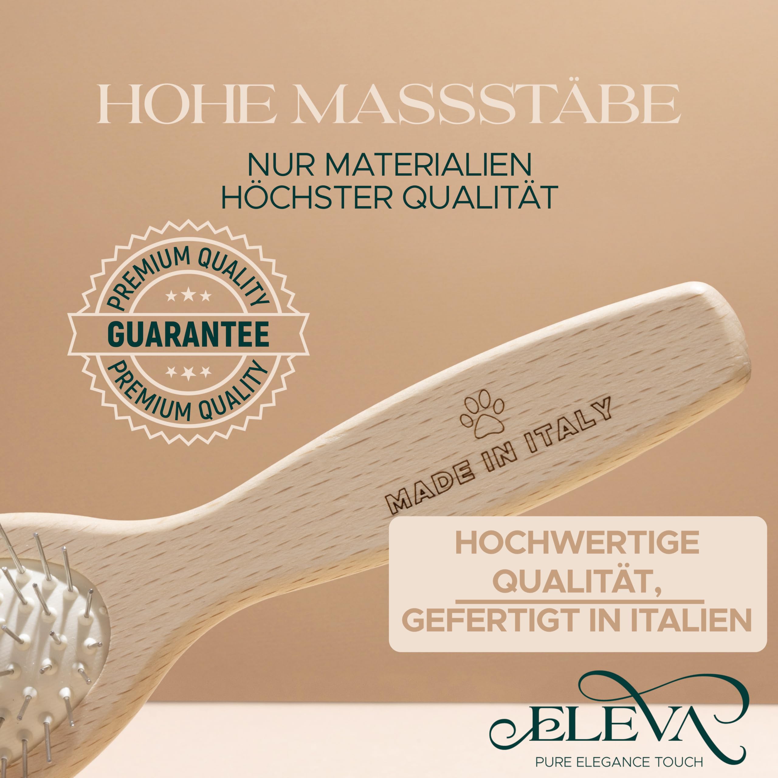 ELEVA PET Hundebürste aus Holz – Zähne aus Stahl – professionelle Pflege – entfernt Knoten ohne Kraftaufwand – für langes und halblanges Fell – hält das Fell sauber und hell – Made in Italy