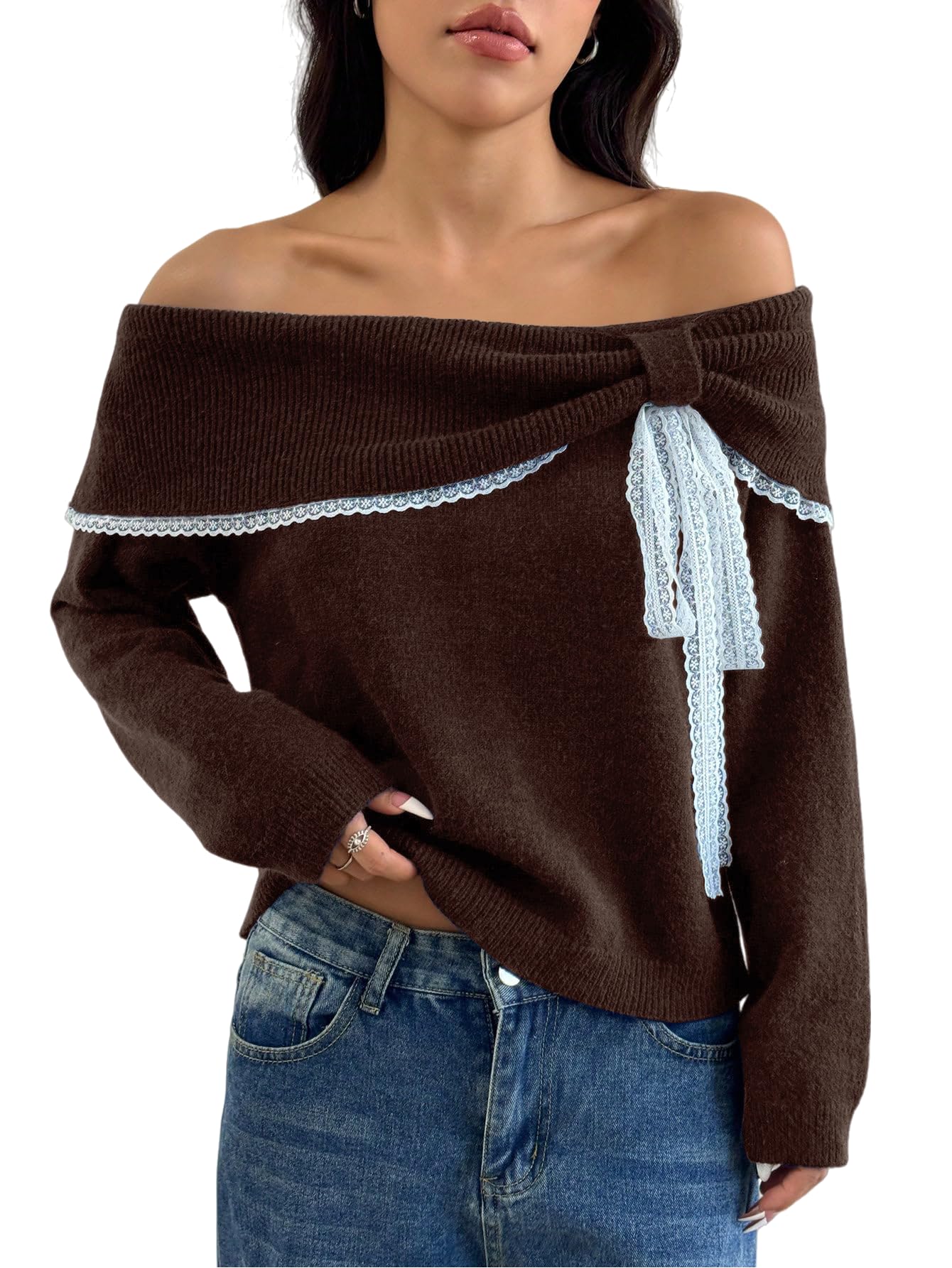 Off The Shoulder Sweater for Women Cute Long Sleeve Sexy Lace Bow Tie Knit Cropped Pullover Fall Over