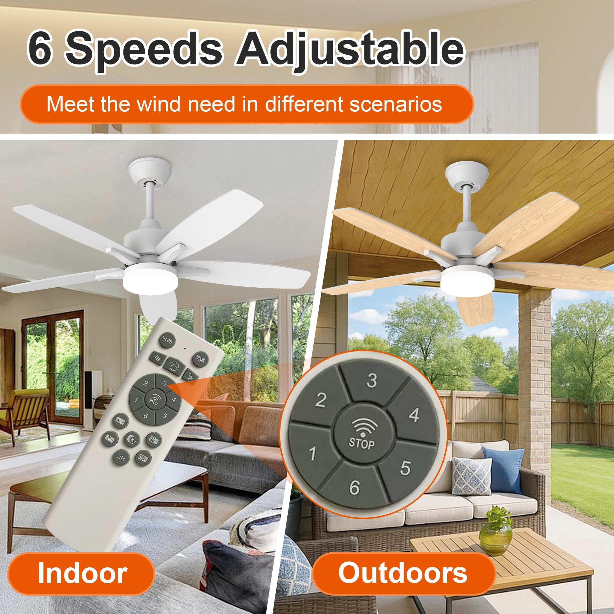 Ventilateur de Plafond avec Lumière et Telecommande, 106cm LED Lampe Ventilateur Plafond Dimmable Lampe Intégrée, 6 Vitesses, Silencieux Pales Effet Bois