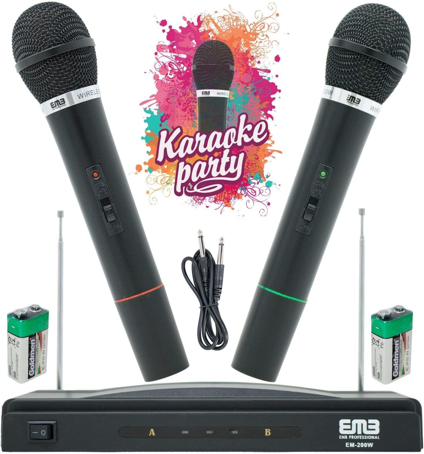 EMB Professional Wireless Microphone System Dual Handheld (2 Microphones) 1 Cordless FM Receiver Including 1X 1/4" Jack Cable/Frequency Range: FM121.7-128.7MHz em1250