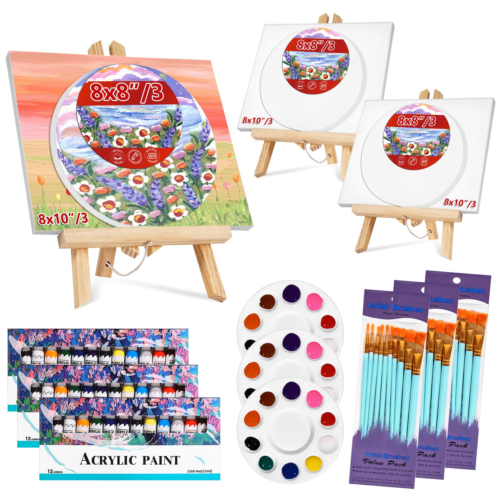 78 PCS Acrylic Paint Canvas Set, Sip and Paint Kits with 3 Wood Easel, 3 * 12 Colors, 30 Brushes, 6 Canvases, Painting Supplies Kit for Kids,Adults, Students, Artists and Beginners
