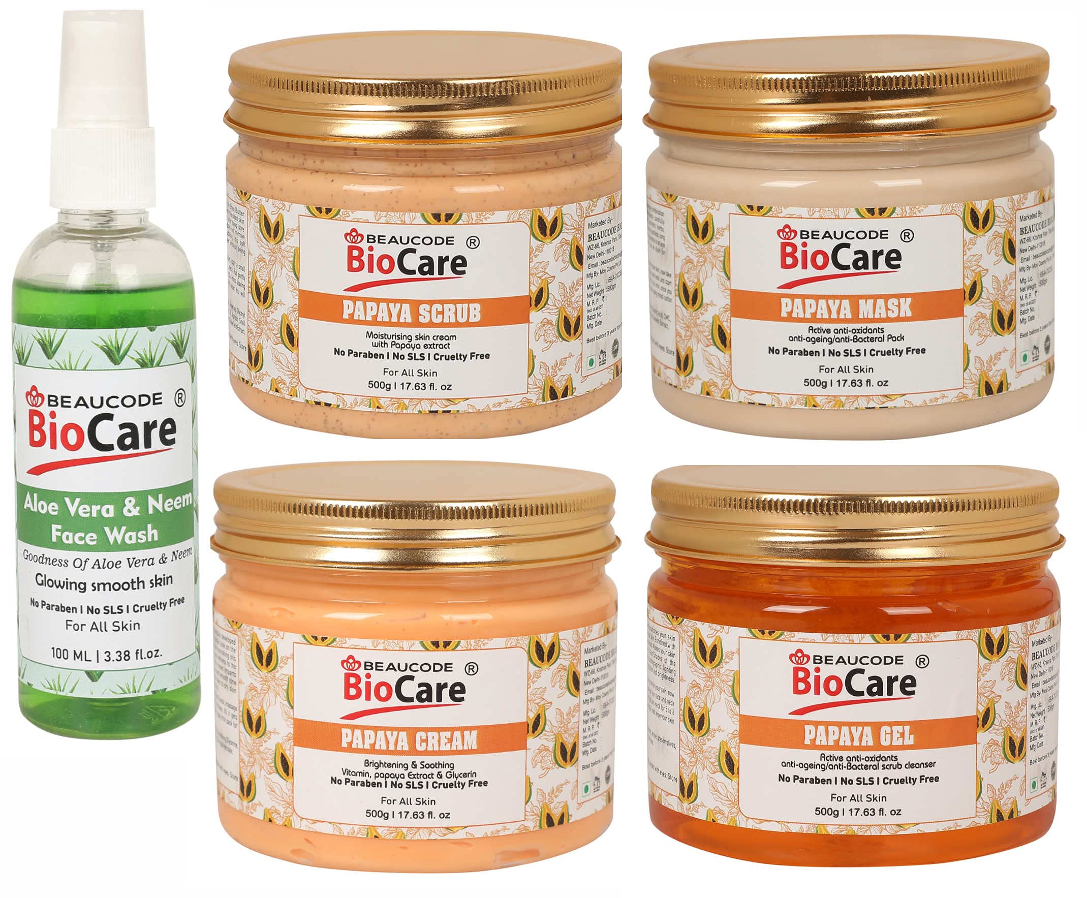 Beaucode Biocare Skin Glow Papaya Face And Body Cream || Mask || Gel & Scrub Facial Kit- 500 ml With Aloevera Face Wash 100ml (Paraben|Sulfate & Cruelty Free) (Pack of 5)