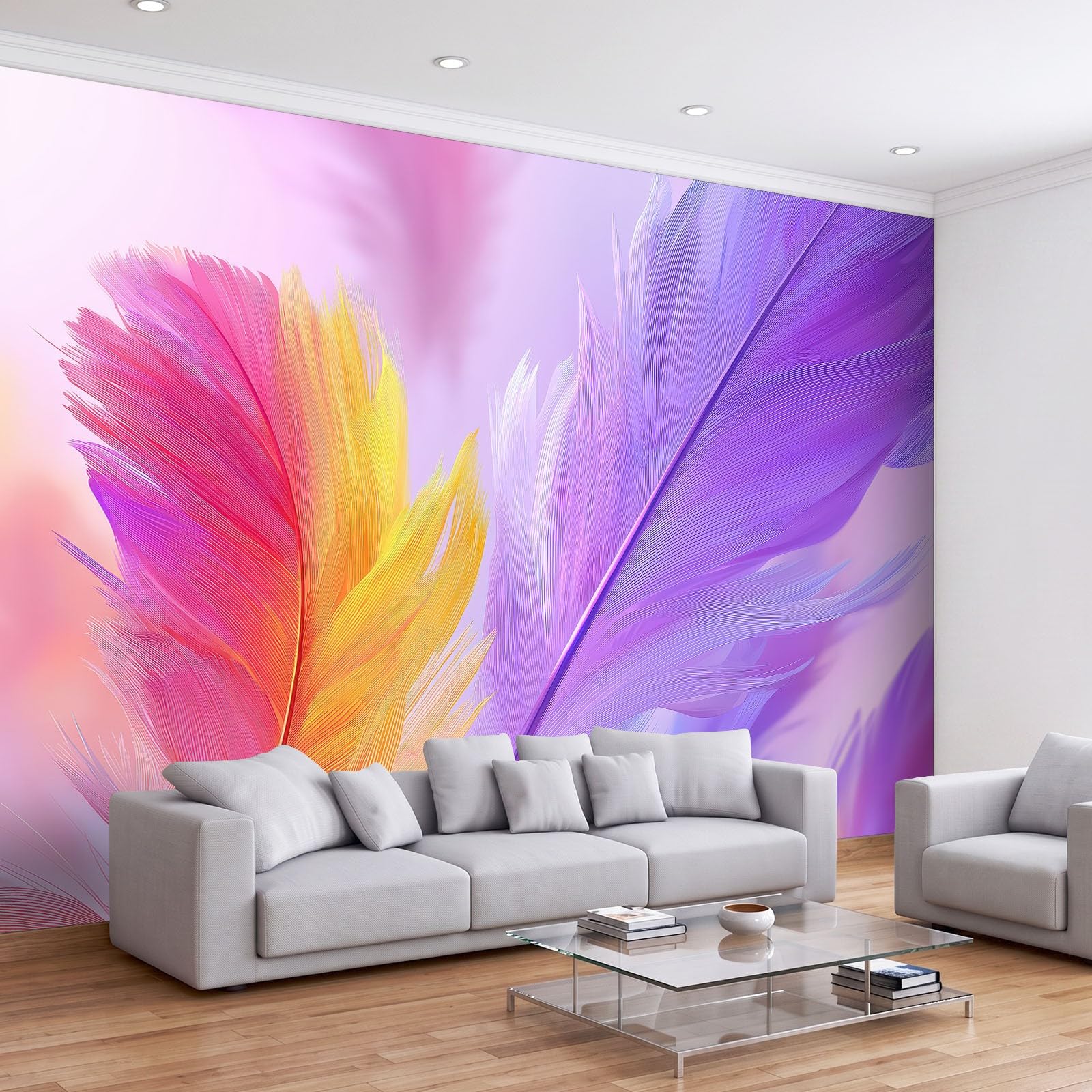 Générique 450 x 280 cm Panoramiczna tapeta fantasy zwierzę gradient pióra 3D projekt ścienny, dekoracja ścienna do zdjęć, tapety z włókniny dekoracja ścienna salon sypialnia, fioletowy