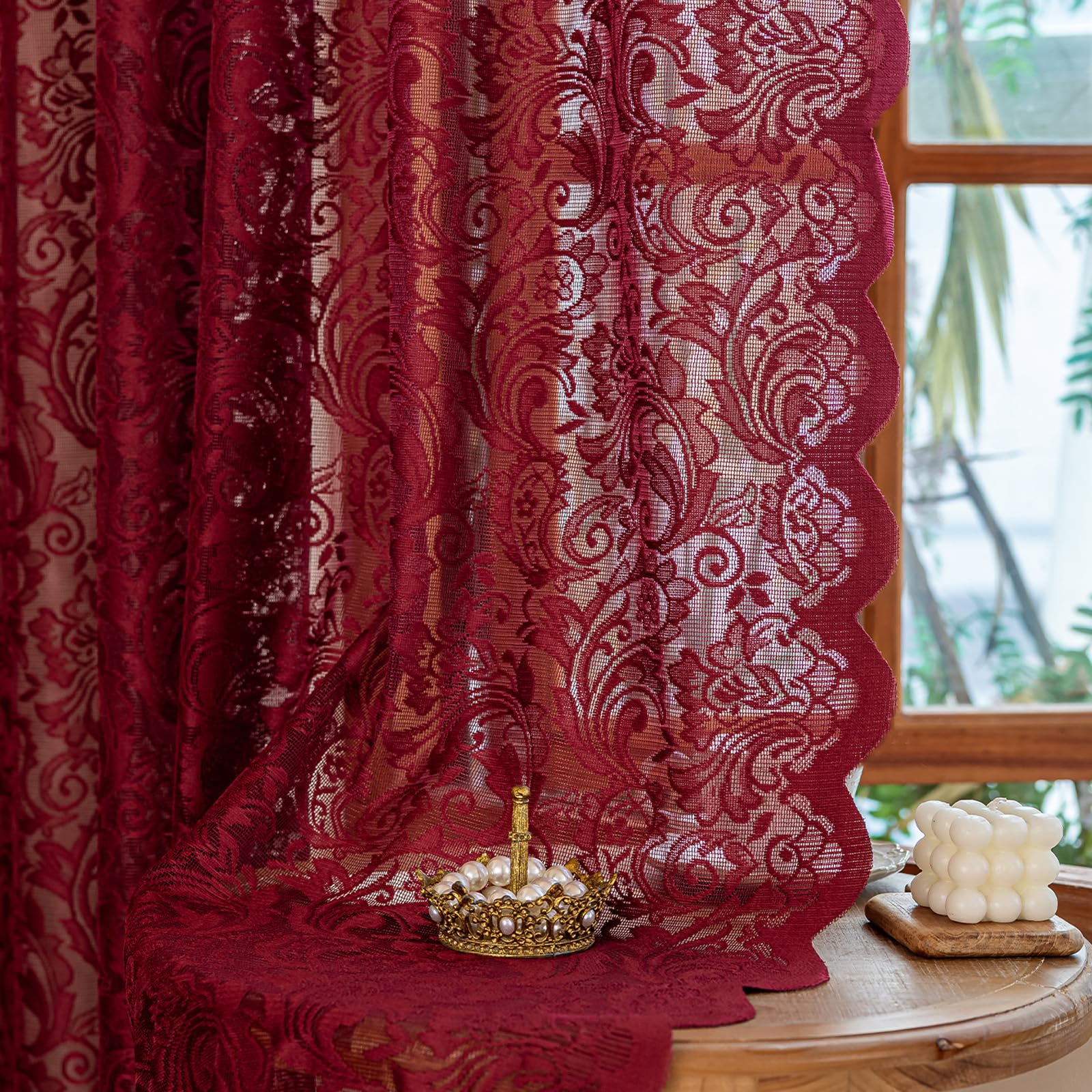 ALIGOGO Burgundy Sheer Curtains 63 Inch Length 2 Panels, Victorian Floral Red Lace Curtains for Bedroom, Embroidered Privacy Rod Pocket Scalloped Burgundy Home Décor, 52W x 63L Inch, Dark Red — image 1