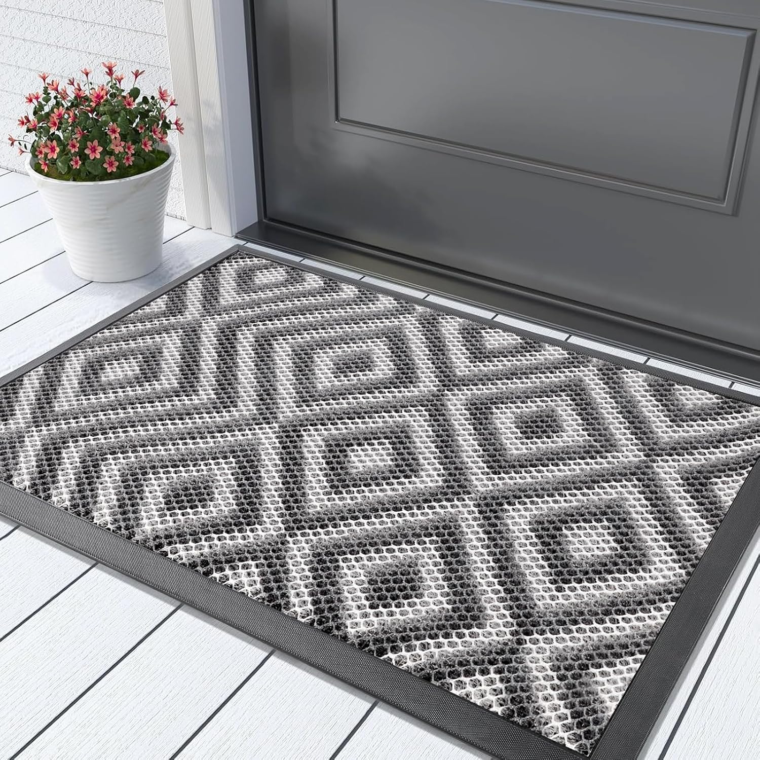 High Elasticity Outdoor Doormat Heavy Duty Non Slip Durable Front Door Mat Large Capacity Dirt Trapper Indoor Outside Entrance (Black/White, 36'' × 24'')