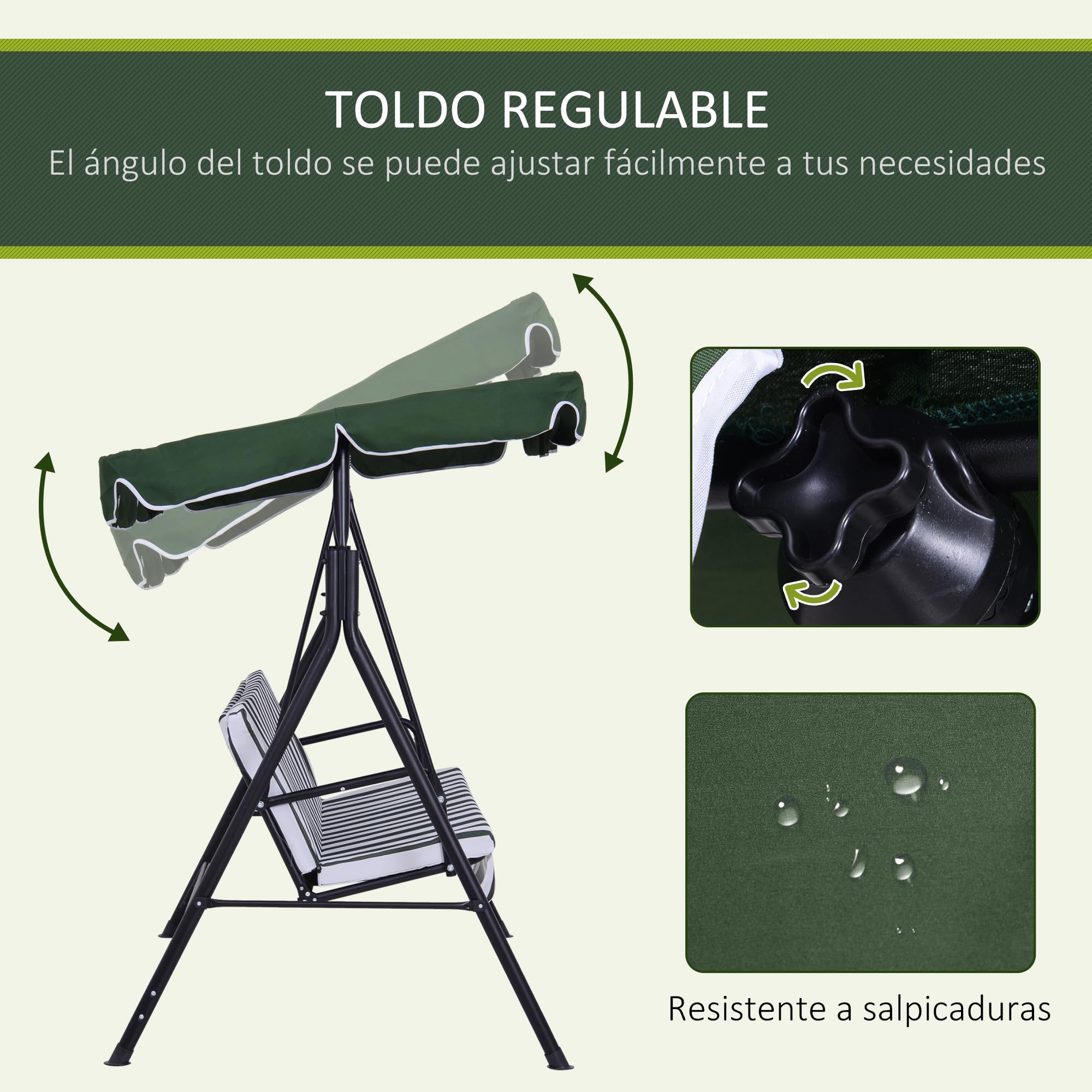 Outsunny Columpio de Jardín Exterior de 3 Plazas, Balancín de Jardín Exterior con Techo Ajustable y Marco de Acero, para Balcón, Terraza, Patio, Carga 200 kg, 172x110x153 cm, Verde